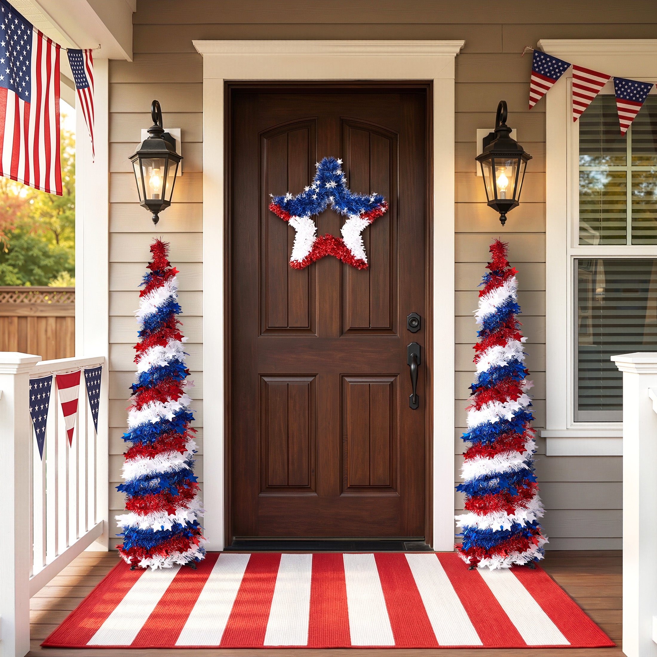VeriNatural 5 ft 4th of July Decorations Pop Up Tinsel Pencil Tree - USA 250th Anniversary Patriotic Decor, Red White Blue Decorations with Stars for Independence Day, Memorial Day & Veterans Day