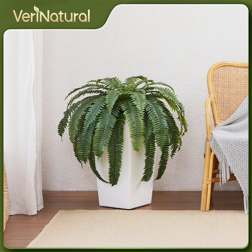 VeriNatural 33/39 Fronds Artificial Boston Fern Bush with Black Taper Planter for Indoor & Outdoor (1/2-Pack)(VN153)