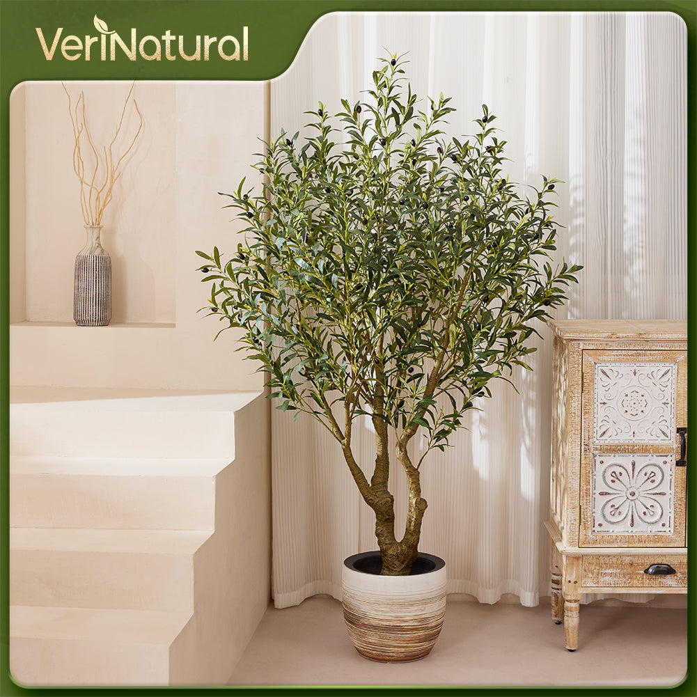 VeriNatural 6/7/8FT UV Resistant Artificial Olive Tree with Black Planter for Indoor & Outdoor (VN138)