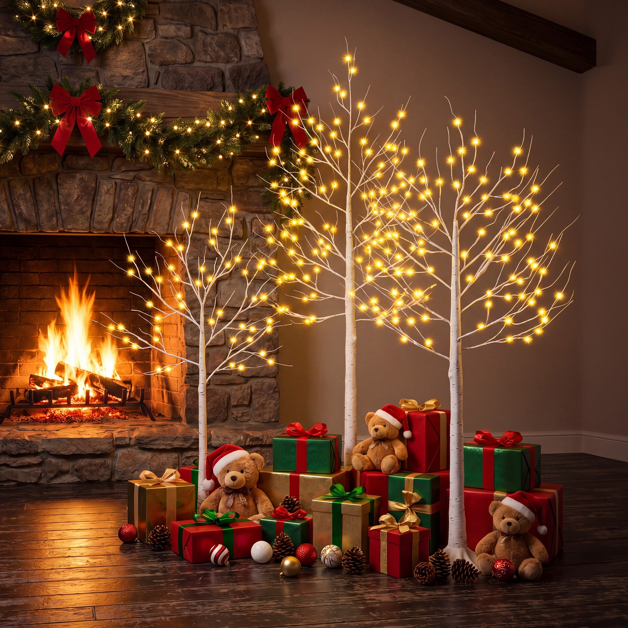 VeriNatural LED Birch Tree Light Set – 4FT/5FT/6FT Pre-Lit Artificial Trees with Warm White Plug-In Lights, Indoor & Outdoor Christmas, Holiday, Wedding & Party Decor (3-Pack)