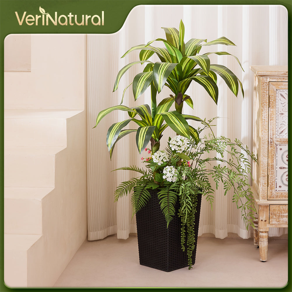 VeriNatural 4FT Mixed Fern and Dracaena Artificial Plants with Black Taper Planter for Indoor & Outdoor (1/2-Pack)(VN151)