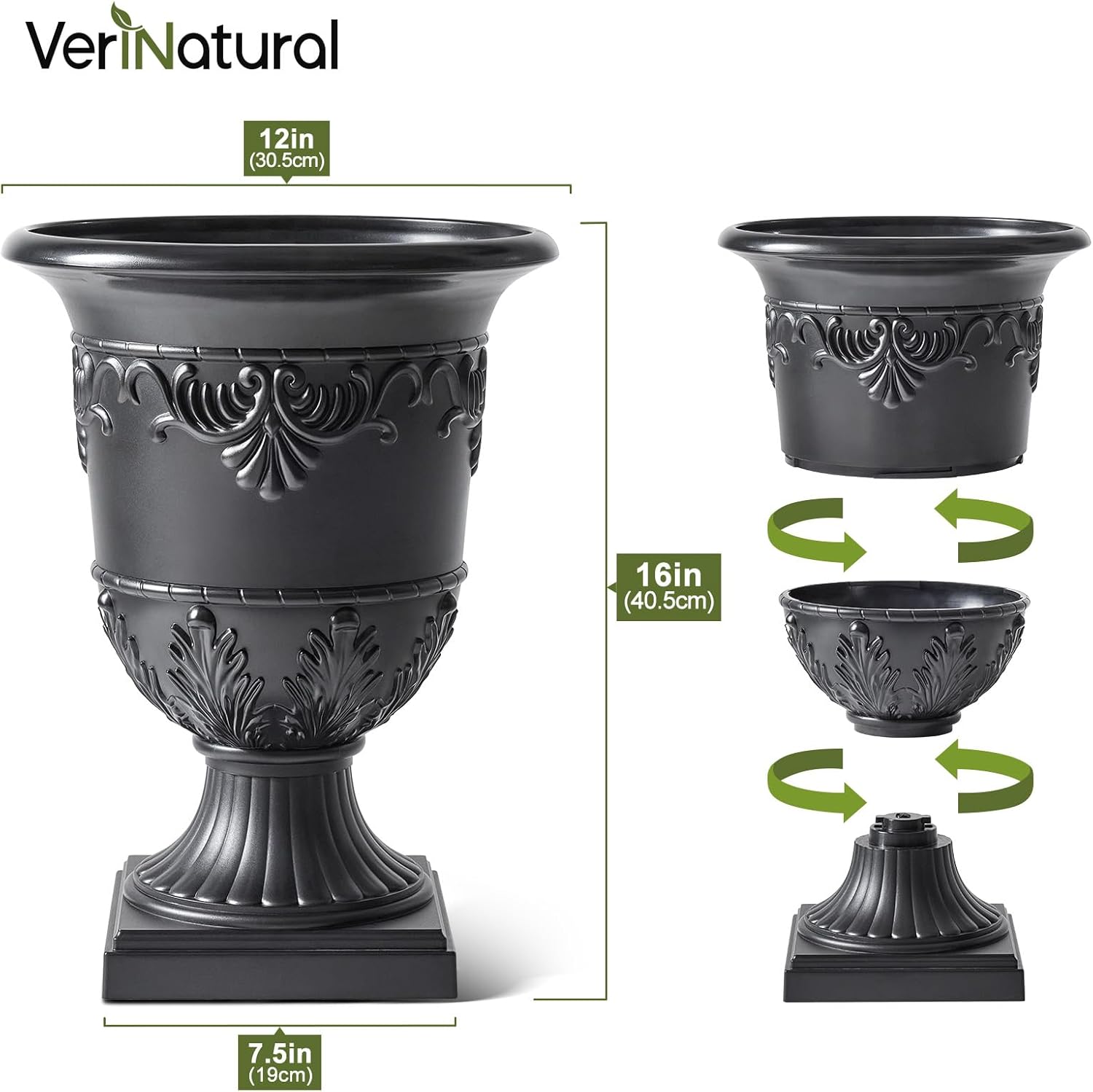 VeriNatural Classic Traditional Plastic Urn Planter – 15"x13", Indoor/Outdoor Flower Pot, Single or Set of 2 for Porch Decor