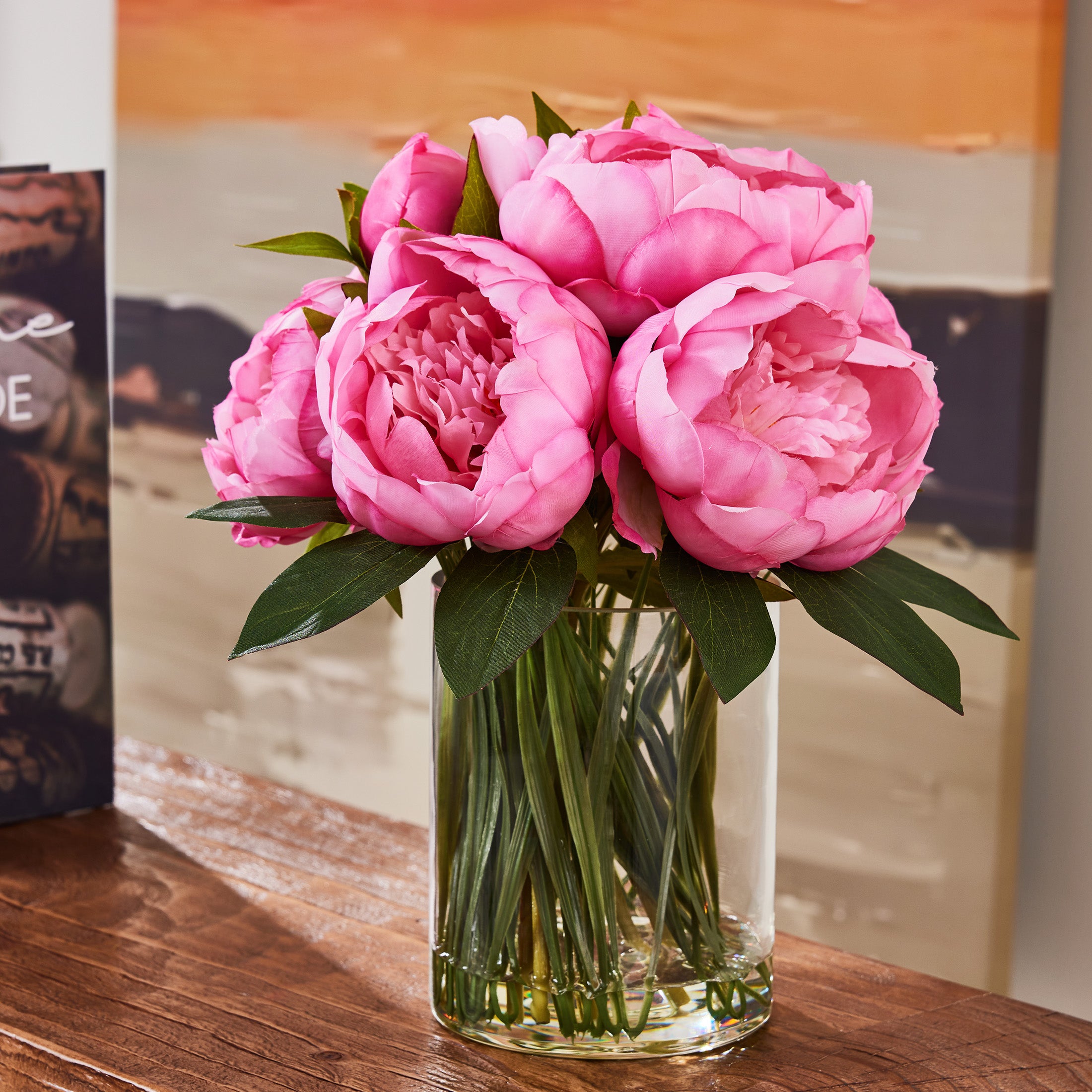 VeriNatural 12” Artificial Peony in Vase with Faux Water, Peach-Red or Purple-Red Silk Arrangement, 9-10 Blooms, 82 Leaves, 9 Stems, Home & Office Decor
