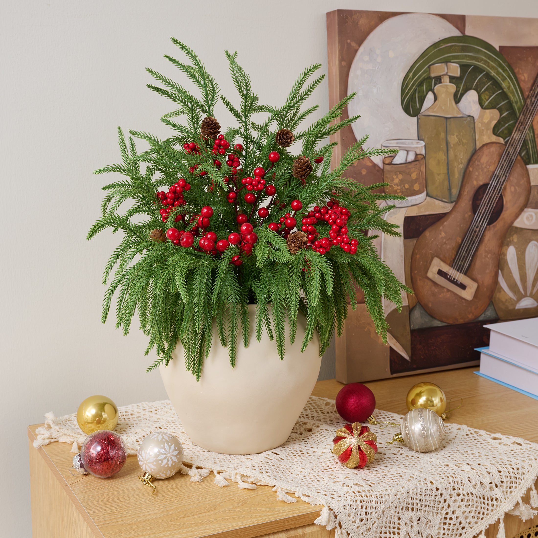 VeriNatural 22" Red Berry & Pinecone Artificial Christmas Plant in Decorative Pot – Realistic Norfolk Pine Centerpiece with 300 PE Leaves, Indoor Holiday Tabletop Decor