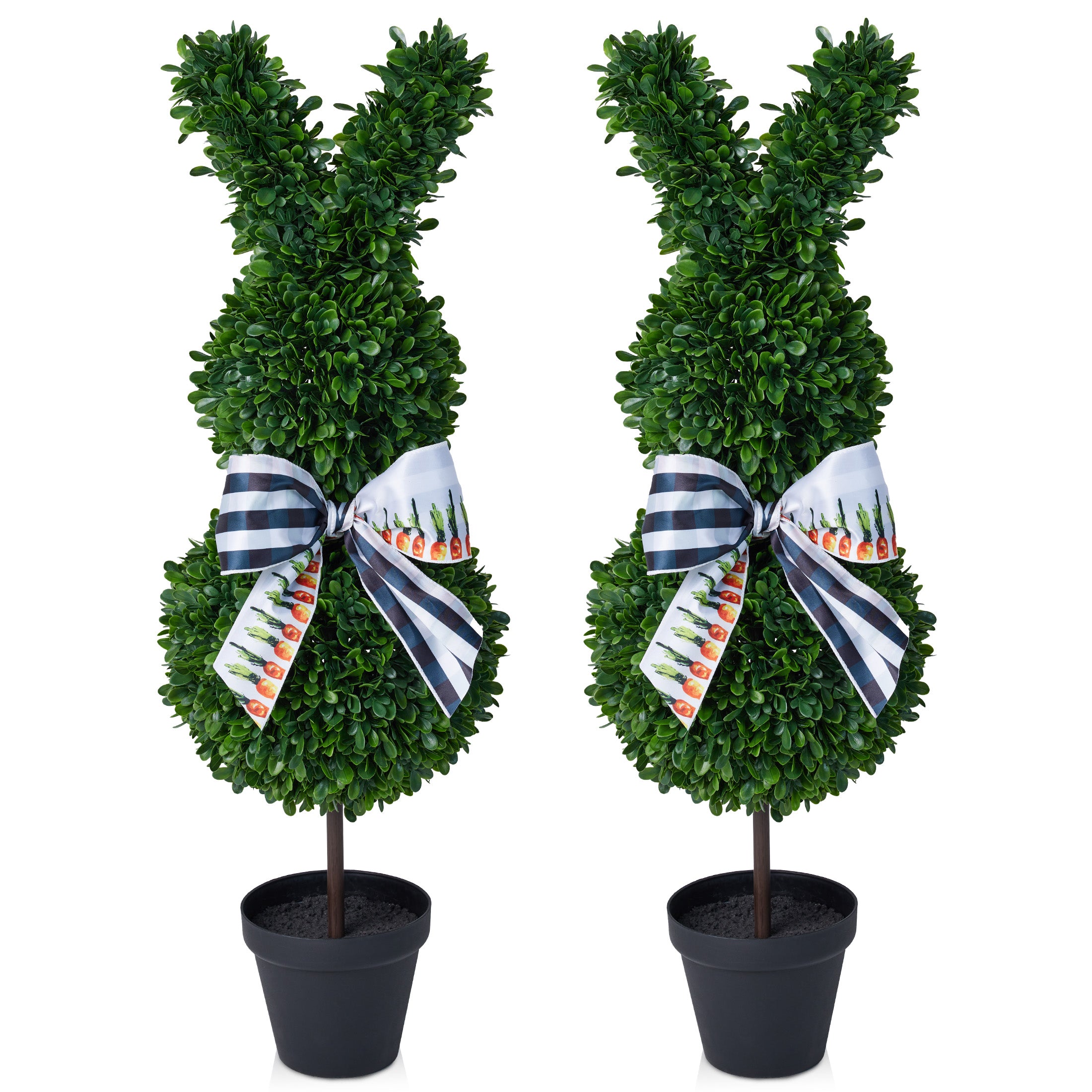 VeriNatural 2 Pack 36-inch Artificial Boxwood Easter Bunny Topiary in Weighted Black Pot, UV-Resistant Faux Plant for Indoor Outdoor Spring Decor