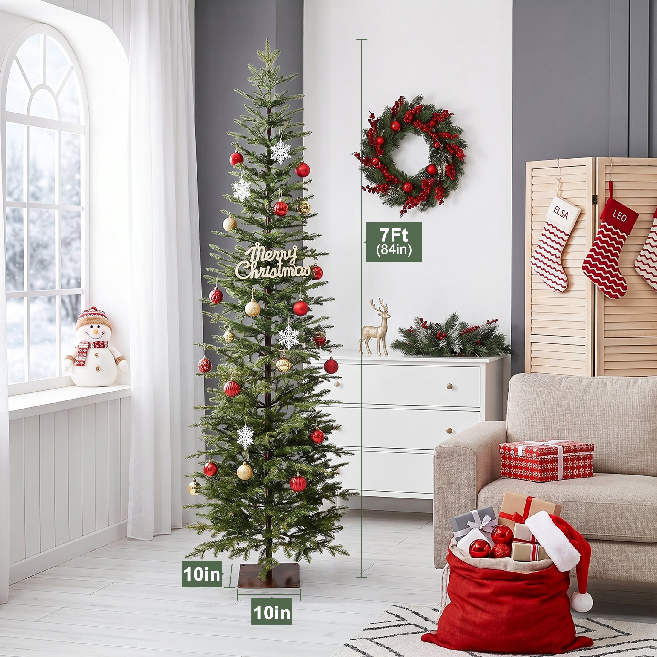 VeriNatural 5/6/7FT Pencil Christmas Tree, Slim Artificial Christmas Tree with Realistic PE Branch Tips, Available Pre-Lit or Unlit, Metal Stand, Indoor Holiday Decoration for Apartment, Entryway, Corner & Office