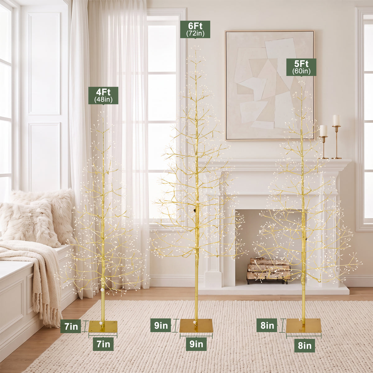 3-Piece Pre-Lit Starburst Gold Christmas Tree Set (4FT, 5FT, 6FT) - Slim Artificial Holiday Trees with Metal Base, Indoor
