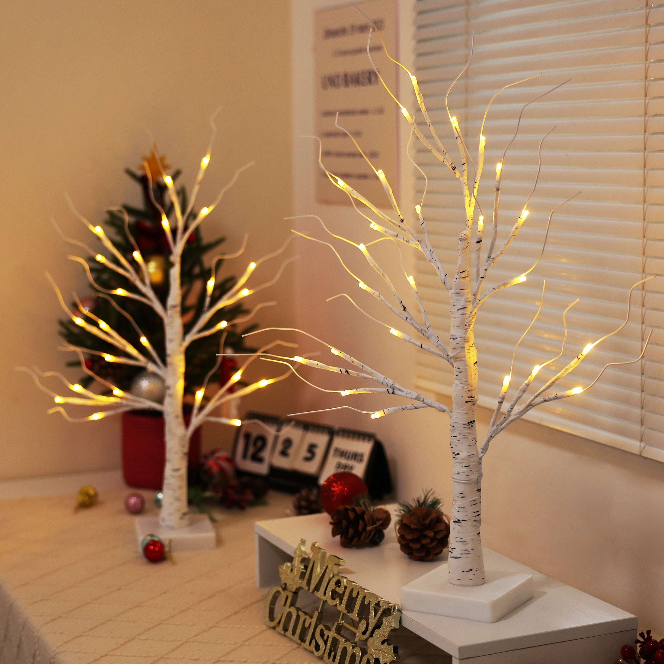 VeriNatural 2FT Lighted Birch Tree with LED Lights – USB Powered Christmas Decorations (2-Pack), Warm White Fairy Tree Lights for Indoor Holiday & Home Decor