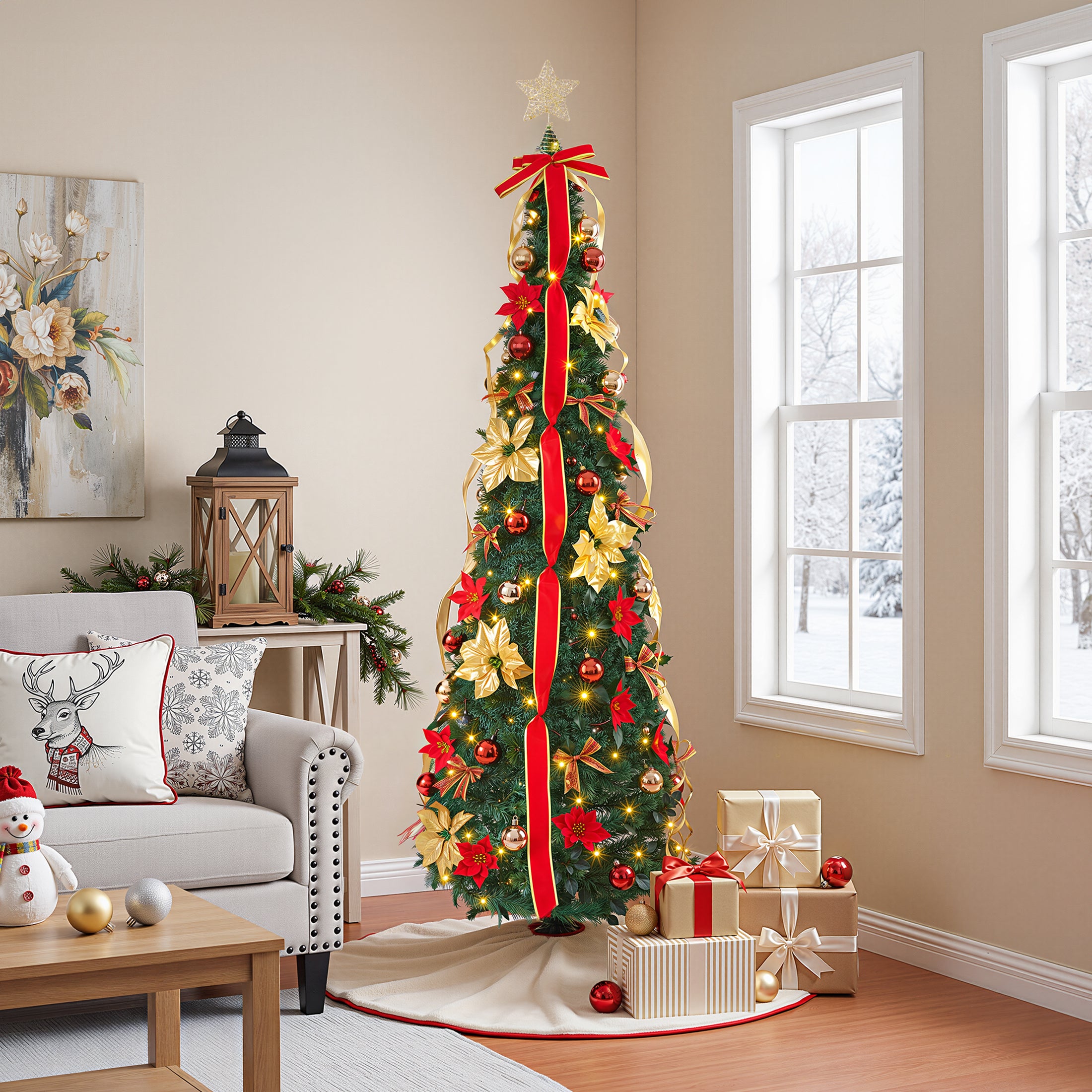 VeriNatural 6FT Pop Up Christmas Tree with Red Ribbon & LED Lights, Pre-Decorated Collapsible Artificial Xmas Tree, Easy Setup Holiday Decor