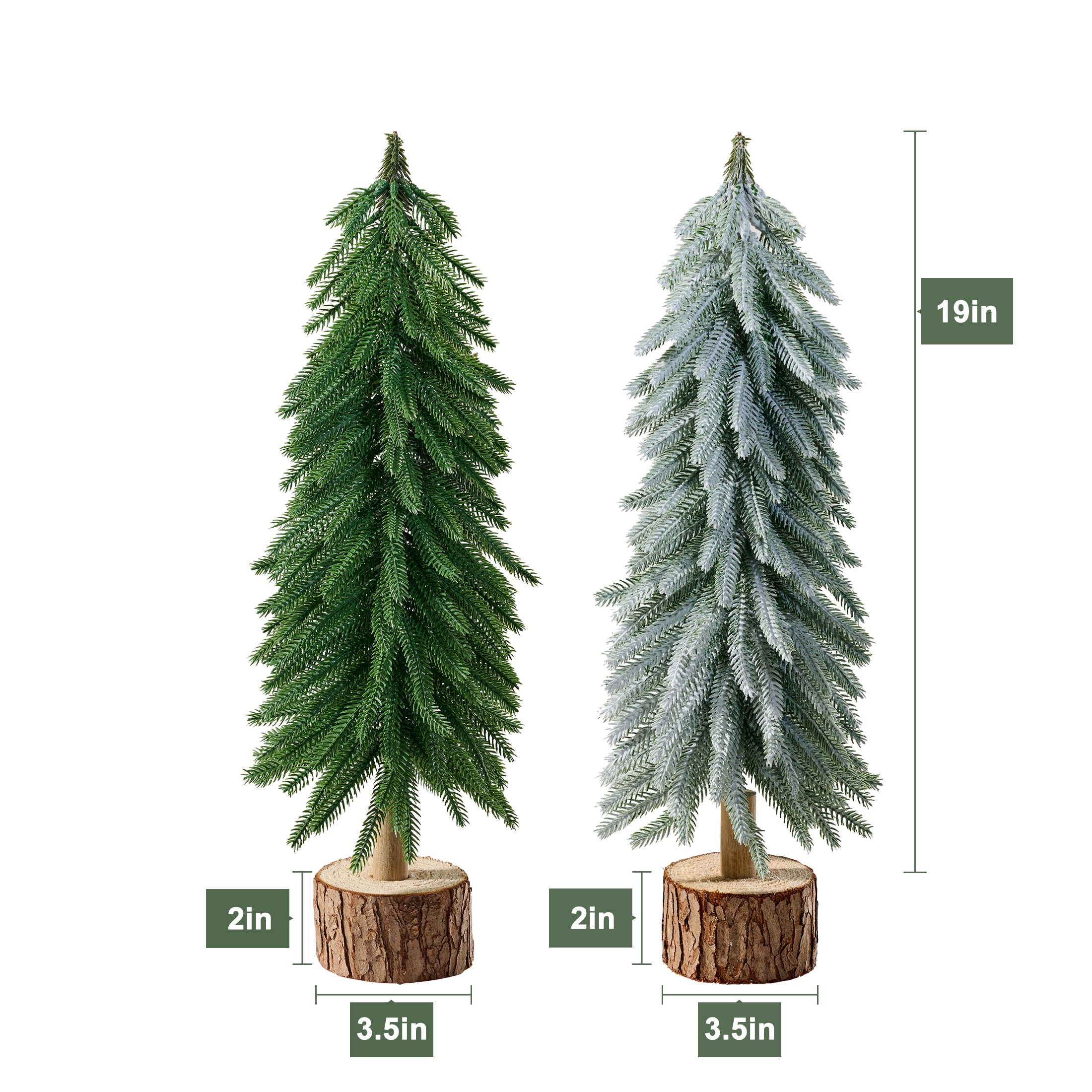 VeriNatural Mini Pine Tree 2-Pack – 19 Inch Tabletop Christmas Trees with Wood Base, Green & Snowy White PE Artificial Mini Trees for Mantel, Shelf, Office & Christmas Home Decor