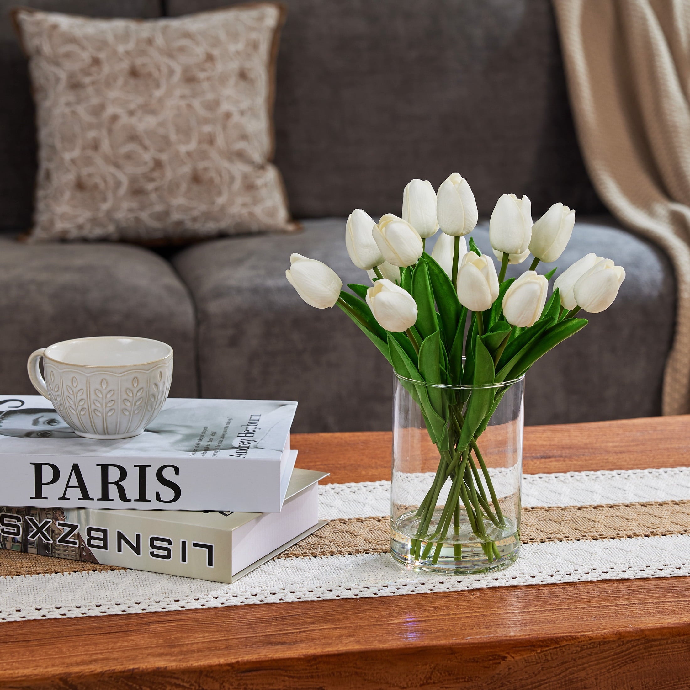 DR.Planzen 12in Artificial White Tulips Fake Flowers in Glass Vase Real Touch Tulips ¨C Faux Tulips Bouquet with Faux Water, Tulips Centerpiece for Spring Home Decor Dining Table Wedding Mothers Day