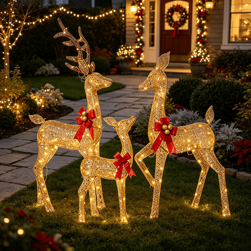 DR.Planzen Lighted Christmas Deer Family, 360 LED 4.5FT Gold Buck Doe Fawn Set, 3-Piece Lighted Reindeer Set, Christmas Yard Decorations for Lawn, Garden & Porch Outdoor