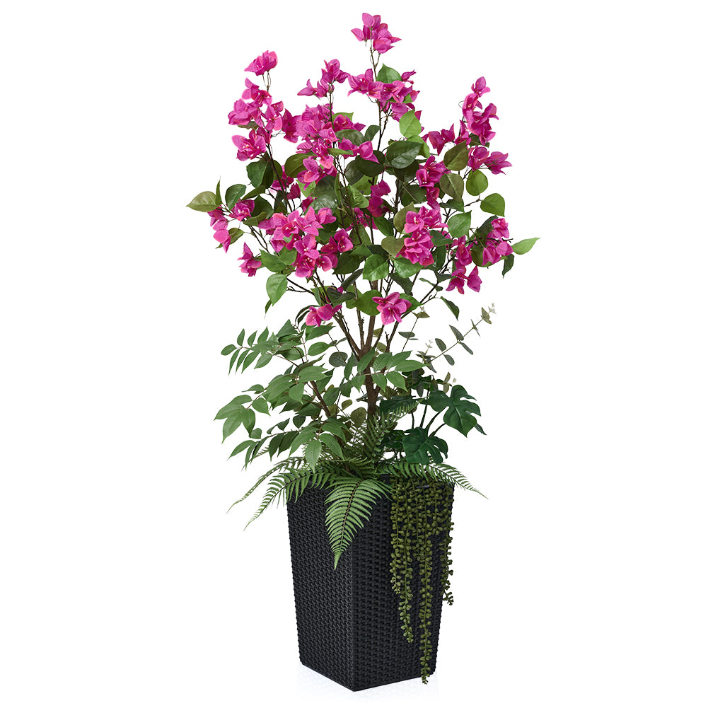VeriNatural 4FT Mixed Greens and Bougainvillea Artificial Plants with Black Taper Planter for Indoor & Outdoor (1/2-Pack)(VN146)