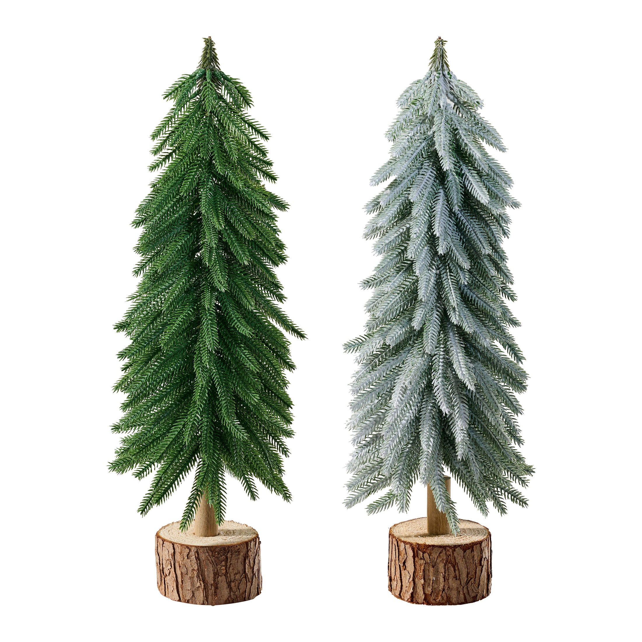 VeriNatural Mini Pine Tree 2-Pack – 19 Inch Tabletop Christmas Trees with Wood Base, Green & Snowy White PE Artificial Mini Trees for Mantel, Shelf, Office & Christmas Home Decor