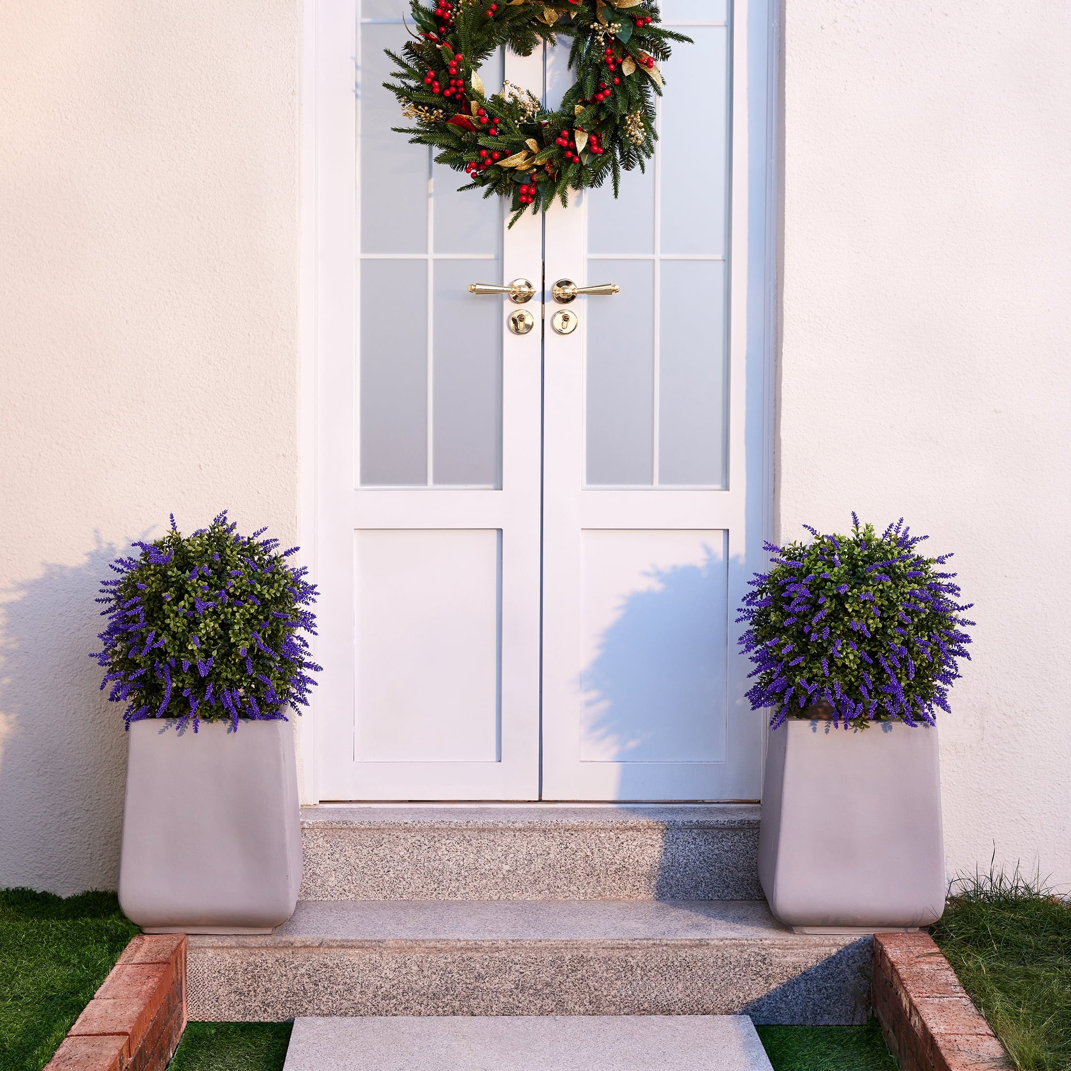 DR.Planzen 2 Pack 16'' Artificial Lavender Boxwood Topiary Ball Plant, Fake Scented Flowering Shrub with Ground Spike, UV Resistant Faux Outdoor Decor for Garden Porch Patio