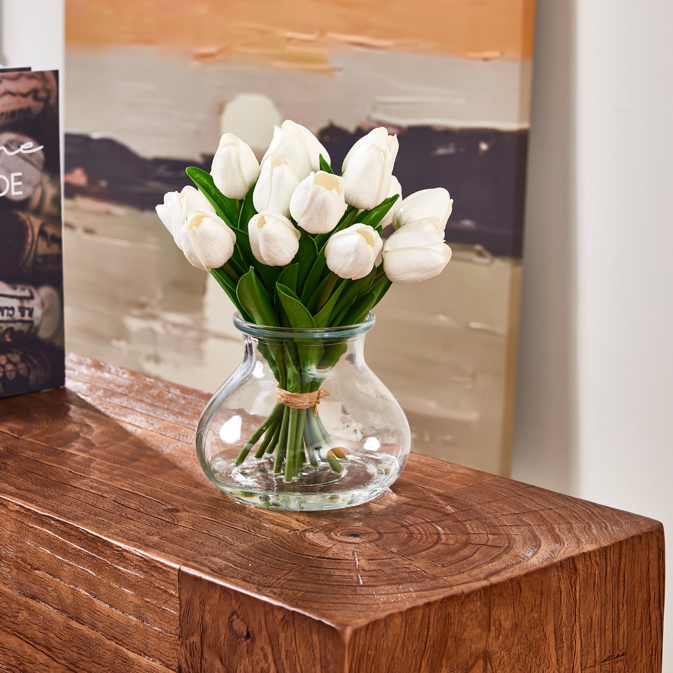 DR.Planzen Artificial White Tulip Arrangement in Glass Vase, 8 Bloom Fake Flowers with Faux Water, 10.2in Tall Home Decor Centerpiece