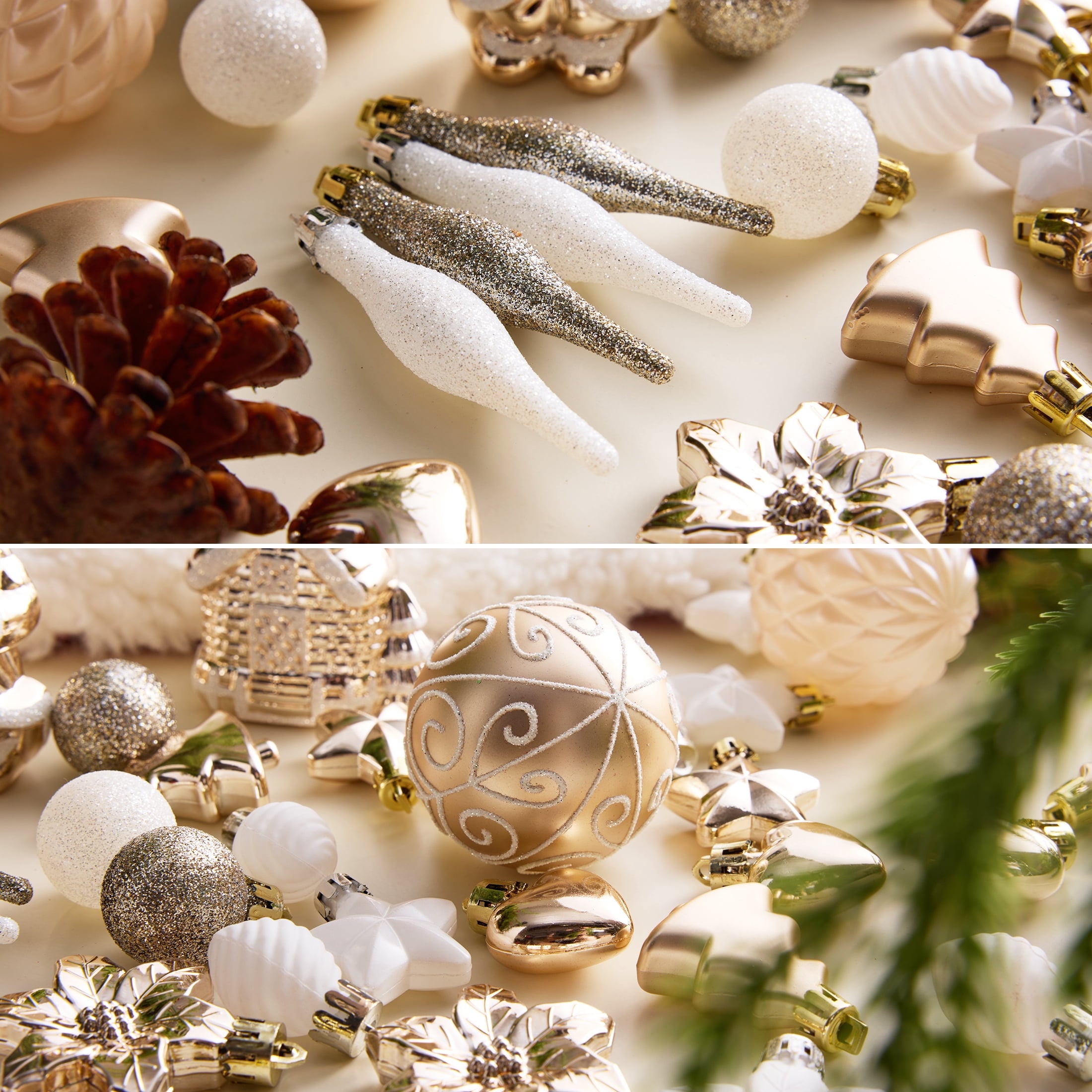 DR.Planzen 44ct Rose Gold & White Christmas Ornaments Set, Assorted 2.36" & 1.18" Embossed Glazed Holiday Balls with Snowflakes & Stars, Trendy Indoor Decor