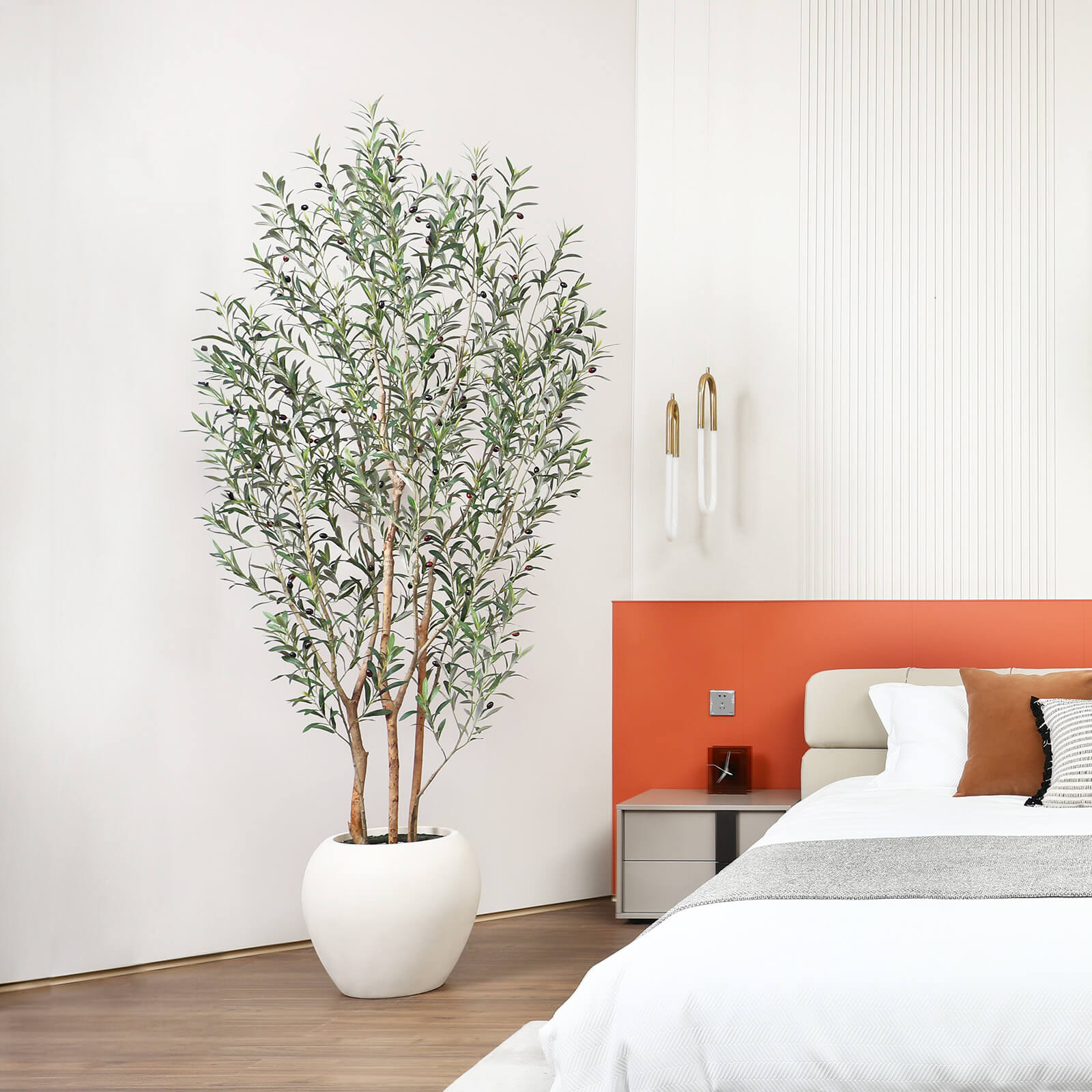 VeriNatural 8FT Artificial Real Trunks Olive Tree with Custom White Pot for Indoor