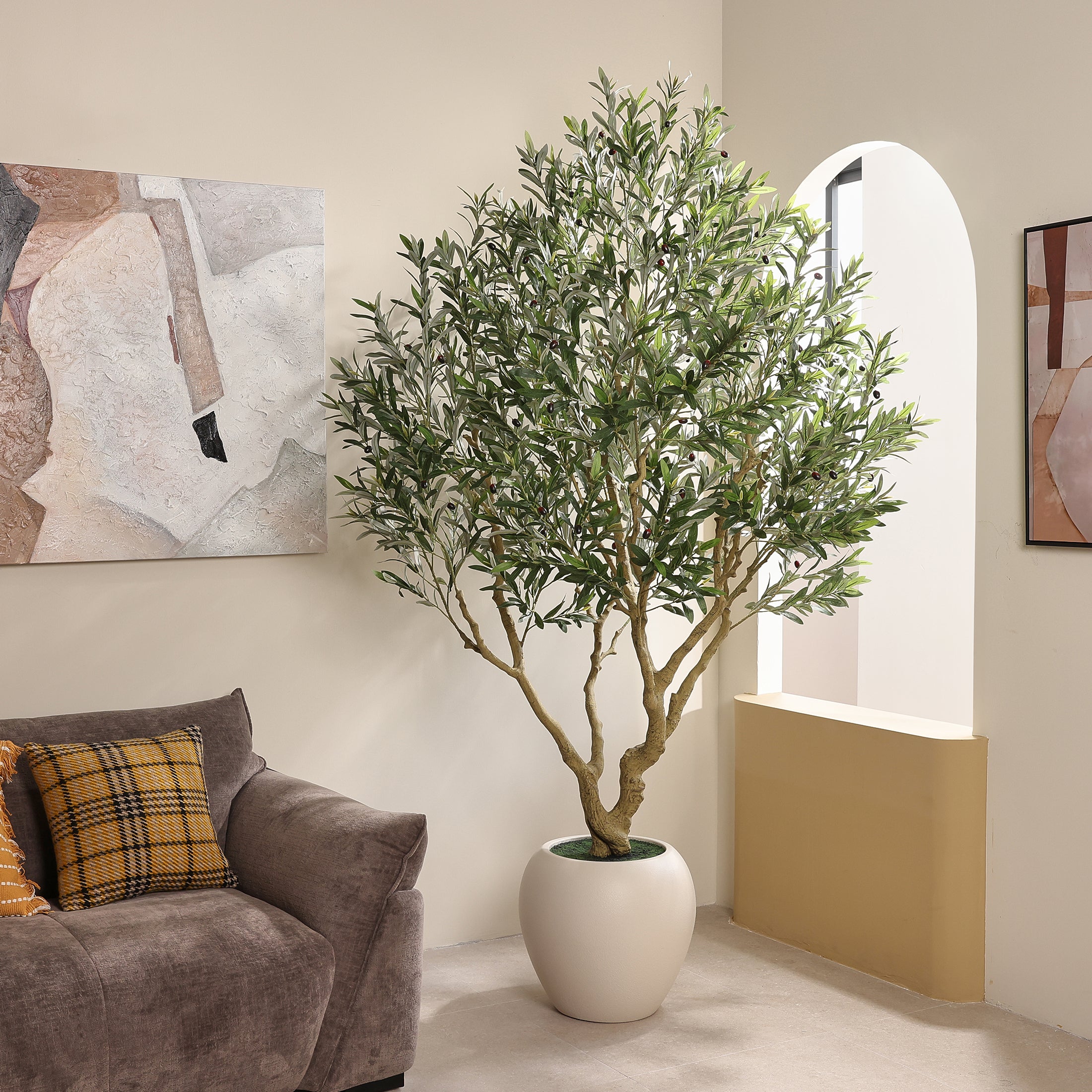 VeriNatural 8FT Faux Olive Tree with 18in White Planter, Tall Artificial Olive Plant with Lifelike Fruits for Indoor Home Office Decor(VN205)
