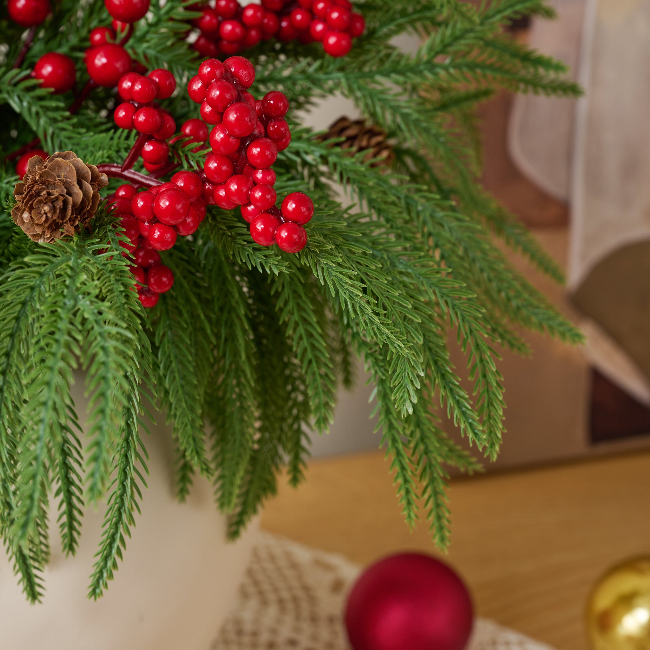 VeriNatural 22" Red Berry & Pinecone Artificial Christmas Plant in Decorative Pot – Realistic Norfolk Pine Centerpiece with 300 PE Leaves, Indoor Holiday Tabletop Decor