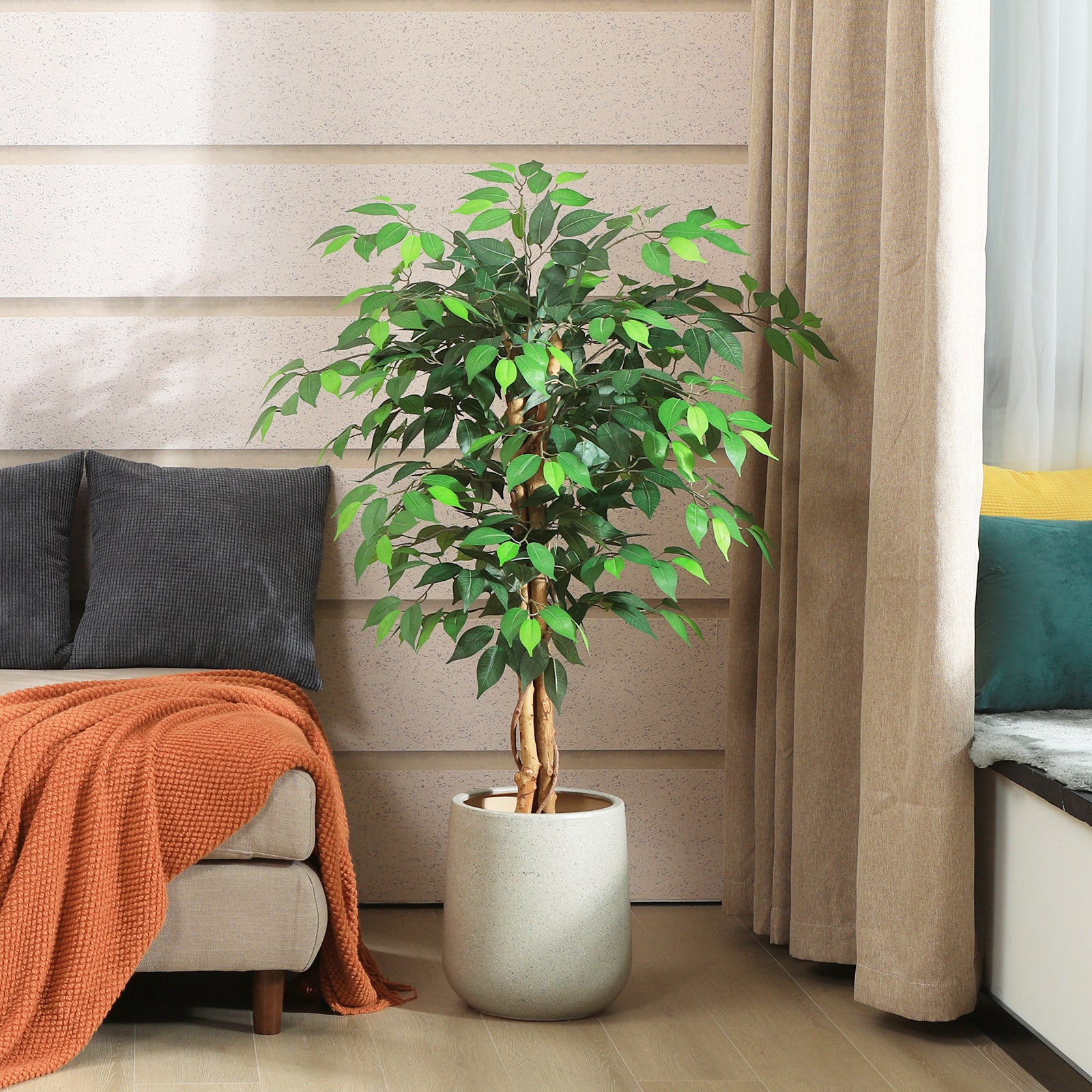 VeriNatural 4/5/6/7FT Faux Ficus Tree – Indoor Plant Decor with Natural Wood Trunk
