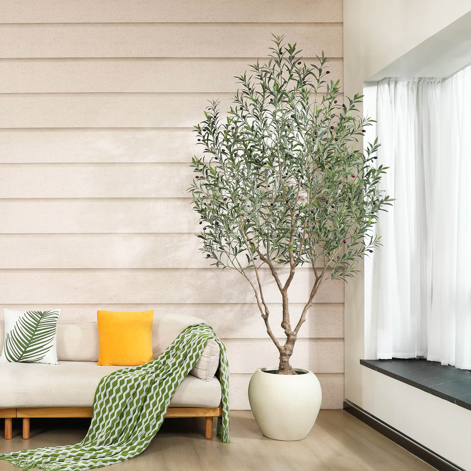 VeriNatural 8FT Artificial Olive Tree with Custom White Pot for Indoor