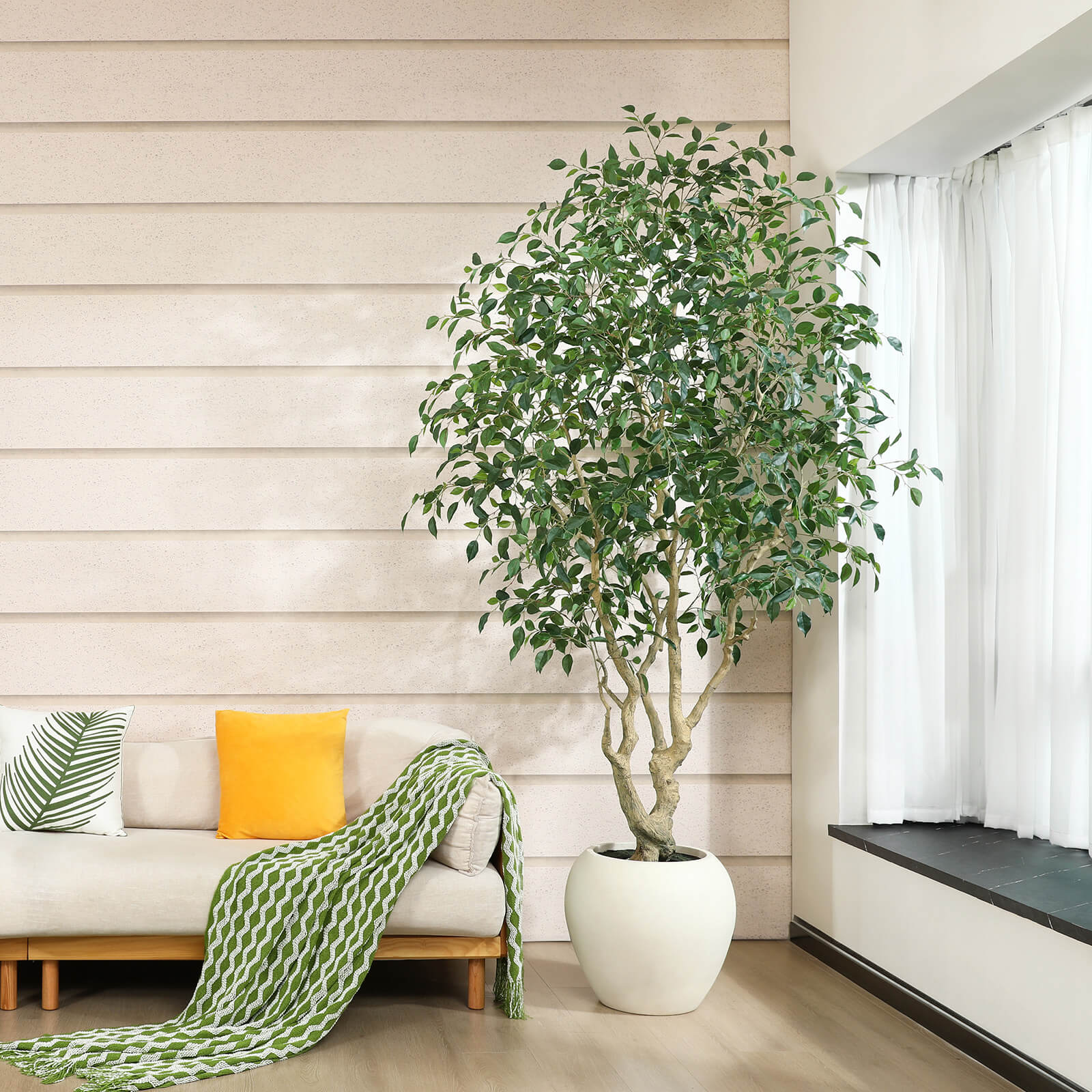 VeriNatural 8FT Artificial Ficus Tree with Custom White Pot for Indoor