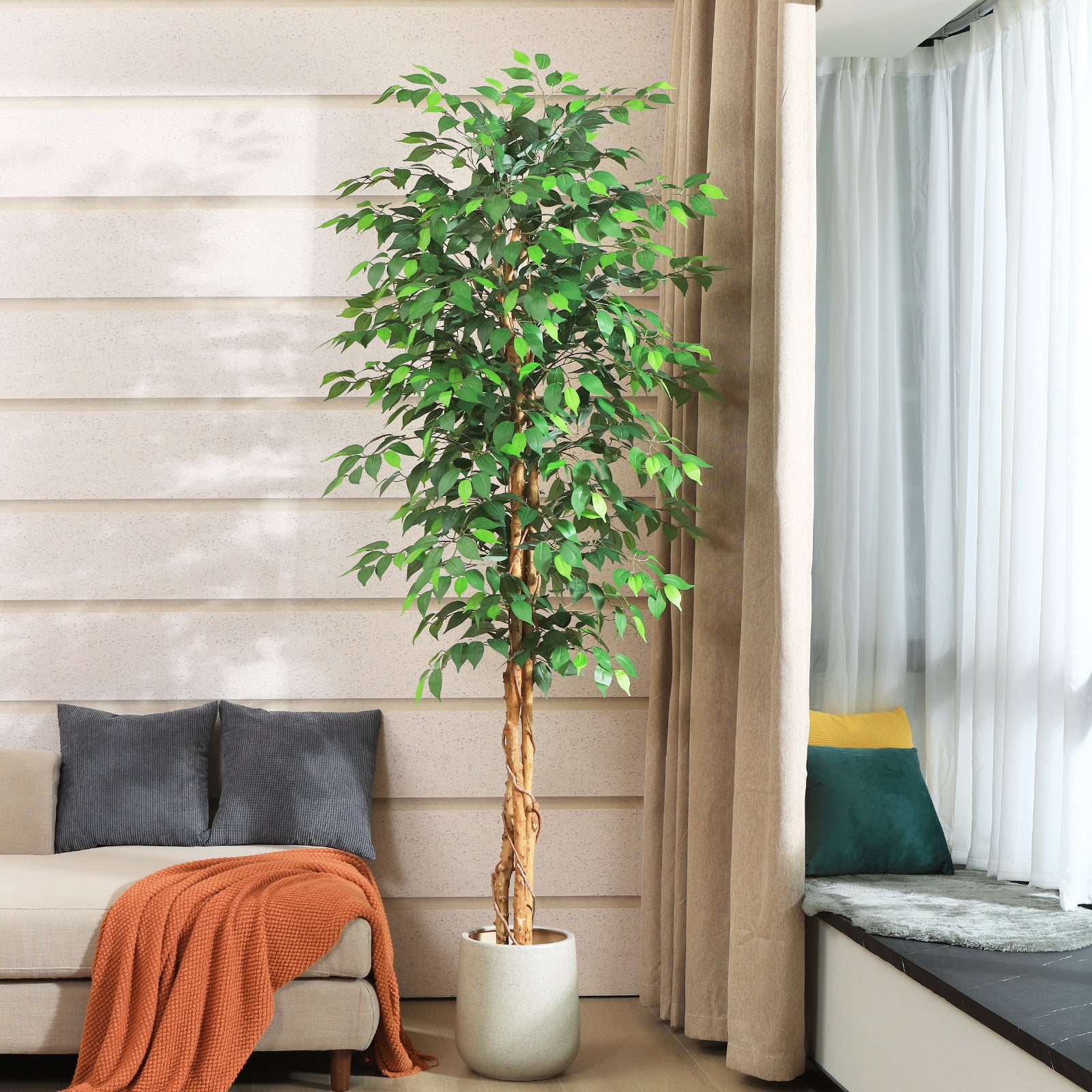 VeriNatural 4/5/6/7FT Faux Ficus Tree – Indoor Plant Decor with Natural Wood Trunk