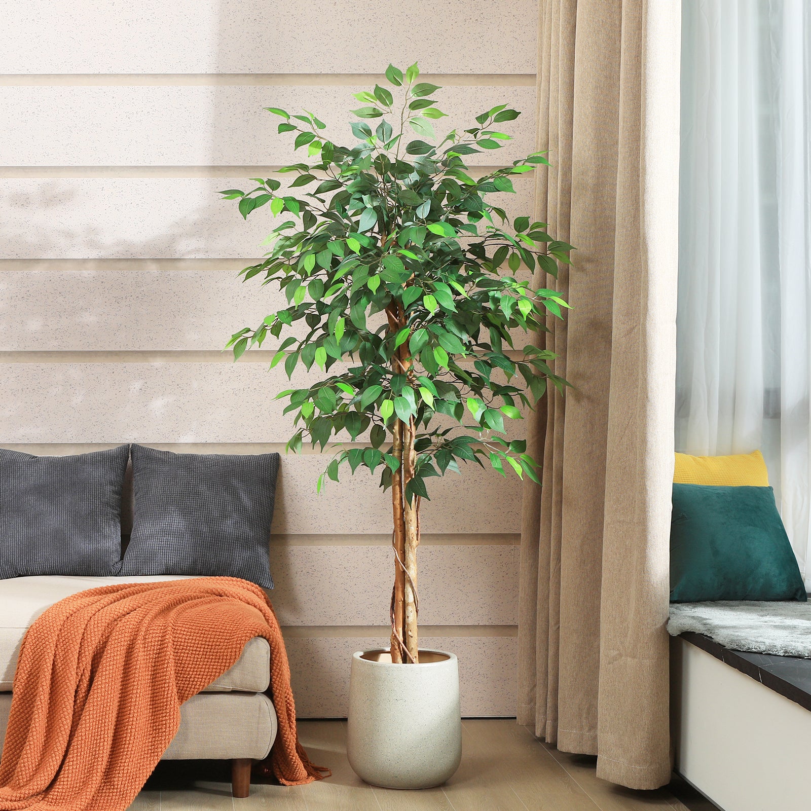 VeriNatural 4/5/6/7FT Faux Ficus Tree – Indoor Plant Decor with Natural Wood Trunk