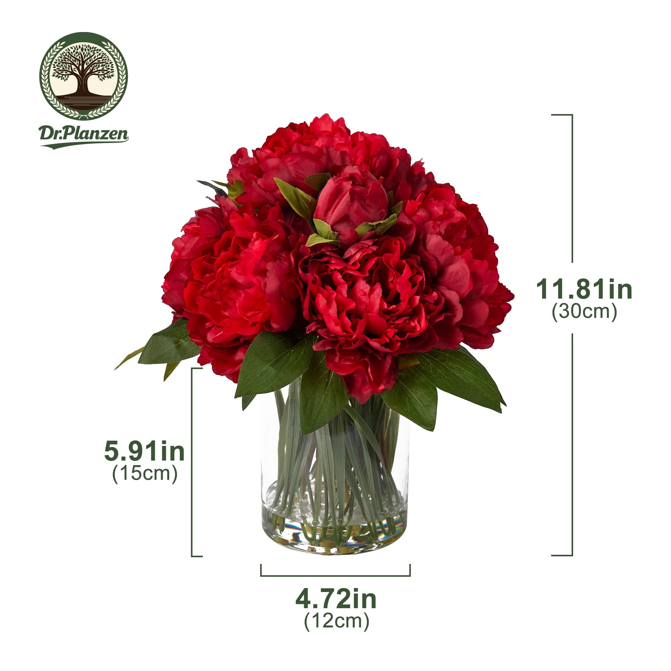 DR.Planzen 12in Artificial Peonies with Vase Red Artificial Peony Flower Arrangement ¨C 9 Bloom Realistic Faux Peonies in Glass Vase with Faux Water for Table Centerpiece Wedding Home Office Decor