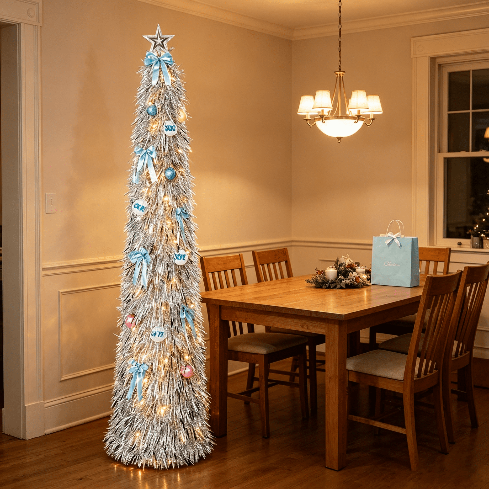 DR.Planzen 6ft Pop Up Christmas Tinsel Tree, Pre Lit Slim Christmas Tree, Silver LED Pencil Tree with 100 Warm White Lights, Star Topper & Ornaments Set, Collapsible Holiday Decor
