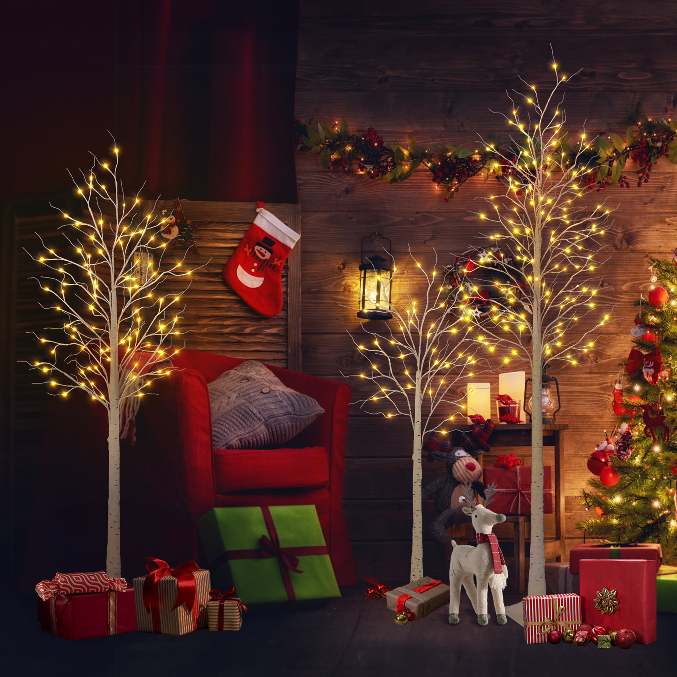 VeriNatural 3-Pack LED Birch Trees ✨ 4FT+6FT+8FT Pre-Lit Christmas Decor Set