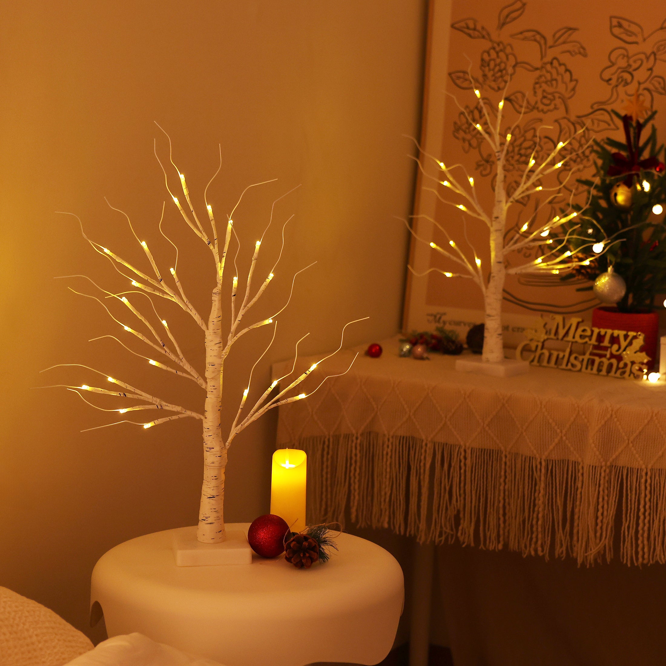 VeriNatural 2FT Lighted Birch Tree with LED Lights – USB Powered Christmas Decorations (2-Pack), Warm White Fairy Tree Lights for Indoor Holiday & Home Decor