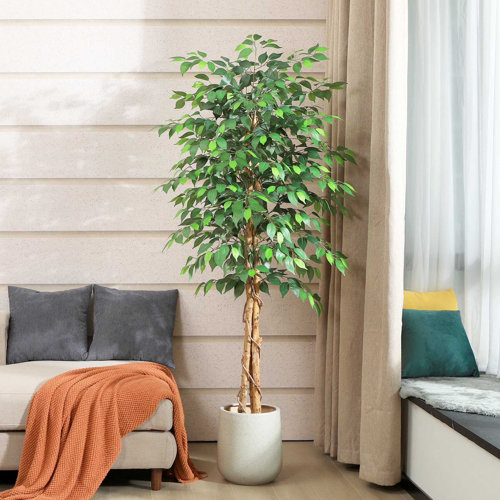 VeriNatural 4/5/6/7FT Faux Ficus Tree – Indoor Plant Decor with Natural Wood Trunk