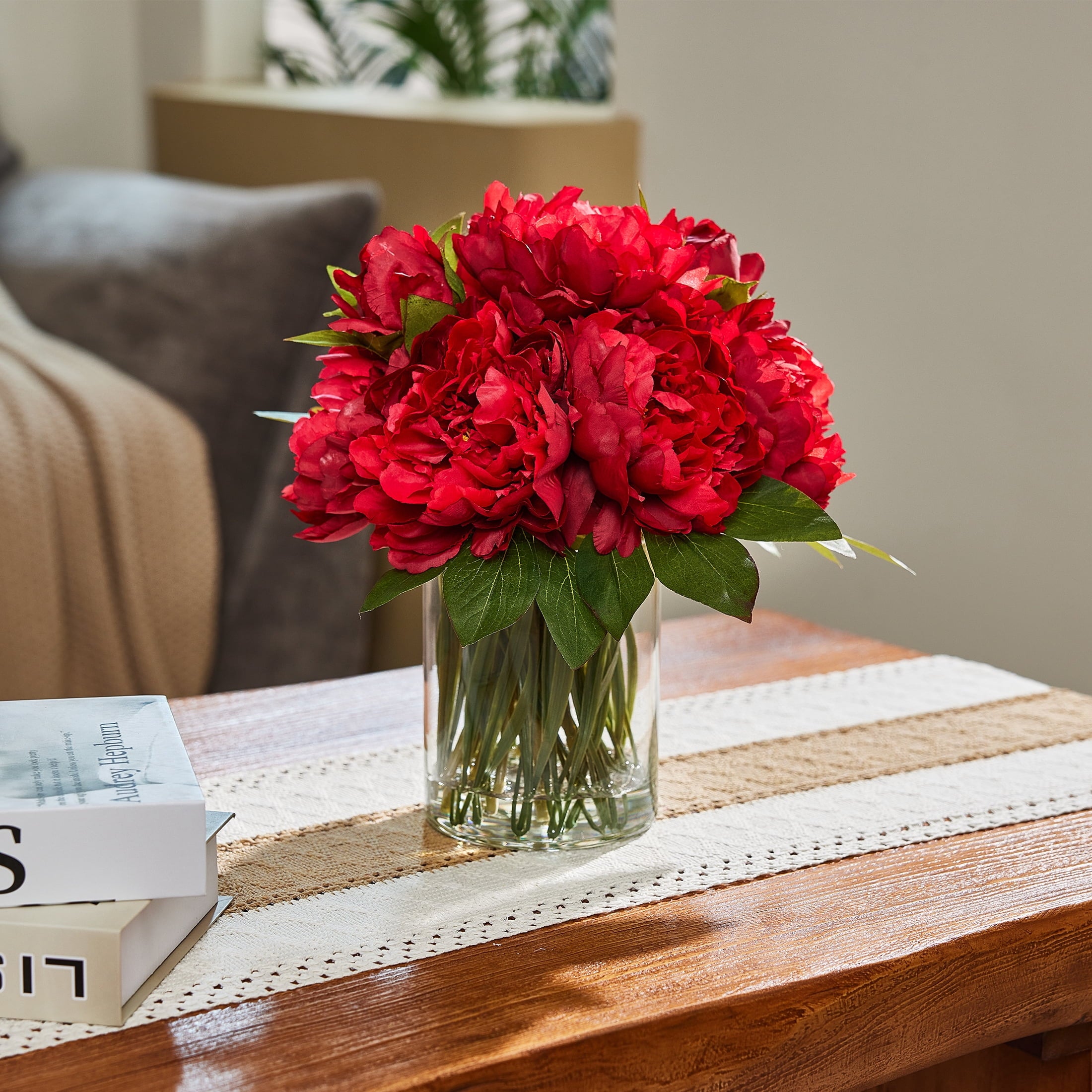 DR.Planzen 12in Artificial Peonies with Vase Red Artificial Peony Flower Arrangement ¨C 9 Bloom Realistic Faux Peonies in Glass Vase with Faux Water for Table Centerpiece Wedding Home Office Decor