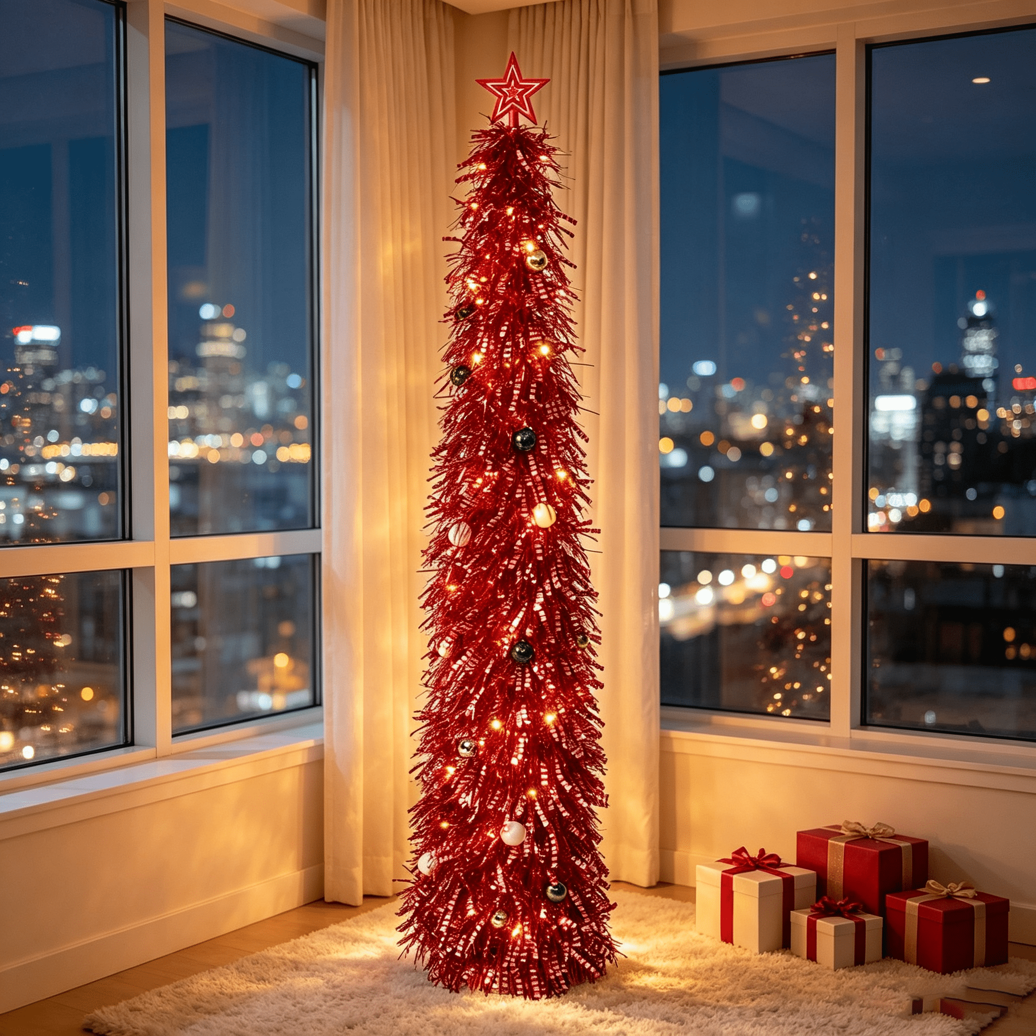 DR.Planzen 6ft Pop Up Christmas Tinsel Tree, Pre Lit Slim Christmas Tree, Red Silver LED Pencil Tree with 100 Warm White Lights, Star Topper & Ornaments Set, Collapsible Holiday Decor