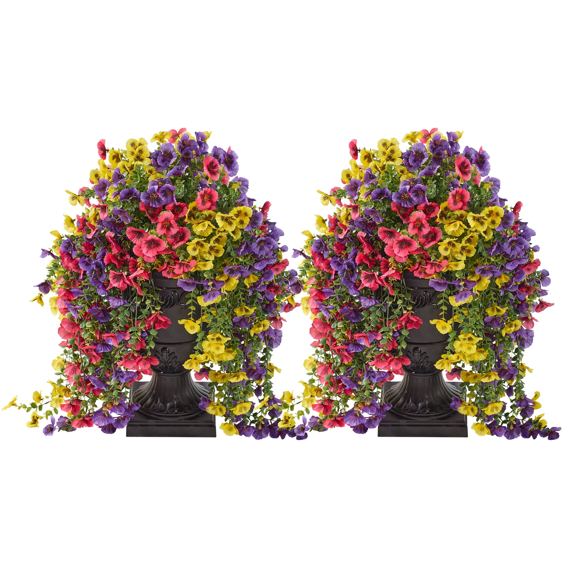 DR.Planzen 2 Pack 26in Artificial Pansy Flowers, Faux Hanging Flowers, Fake Outdoor Flowers, Pansy Arrangement - 660 Blooms in Black Urn Planter - Spring Decor for Covered Porch Patio Entryway