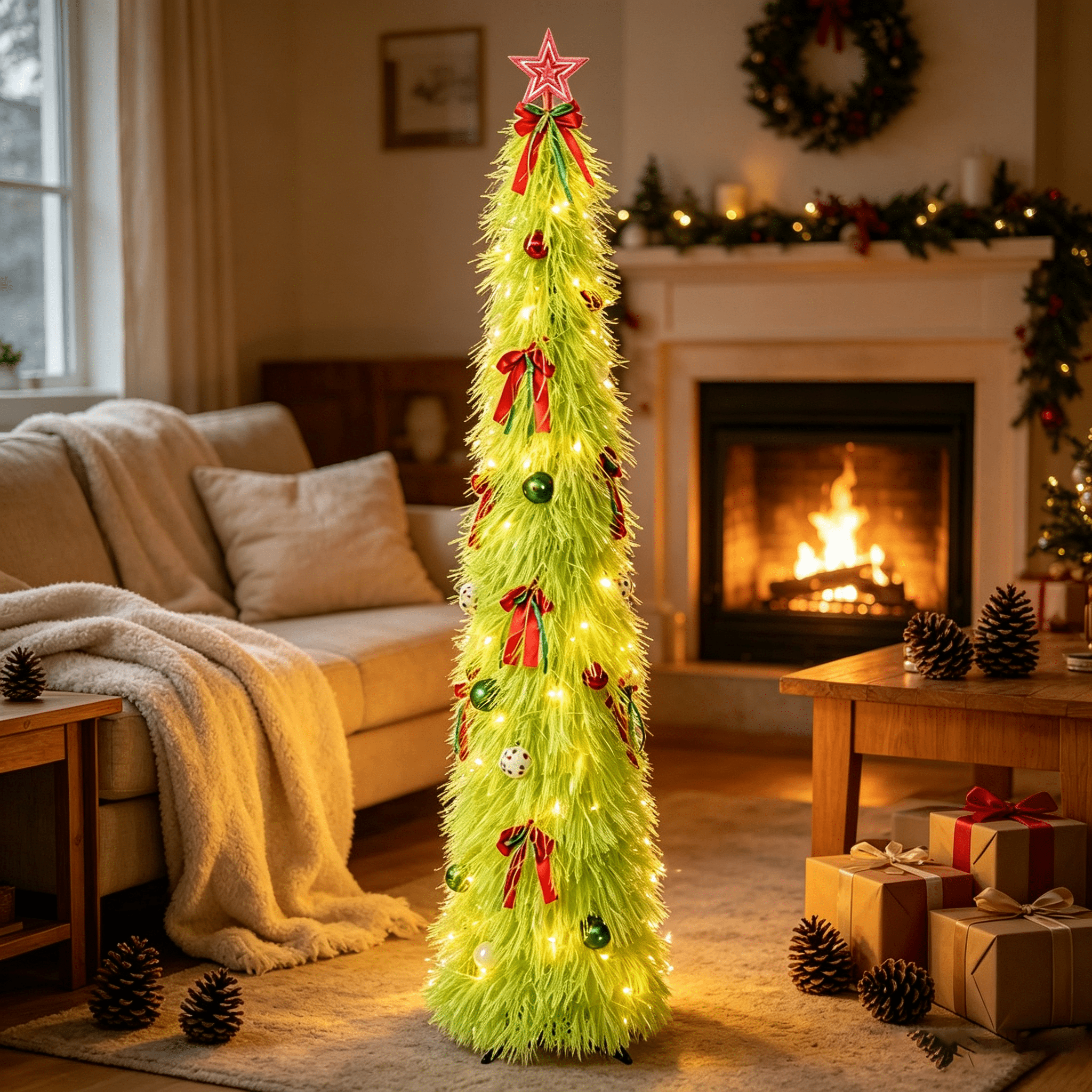 DR.Planzen 6ft Pop Up Christmas Tinsel Tree, Pre Lit Slim Christmas Tree, Green LED Pencil Tree with 100 Warm White Lights, Star Topper & Ornaments Set, Collapsible Holiday Decor