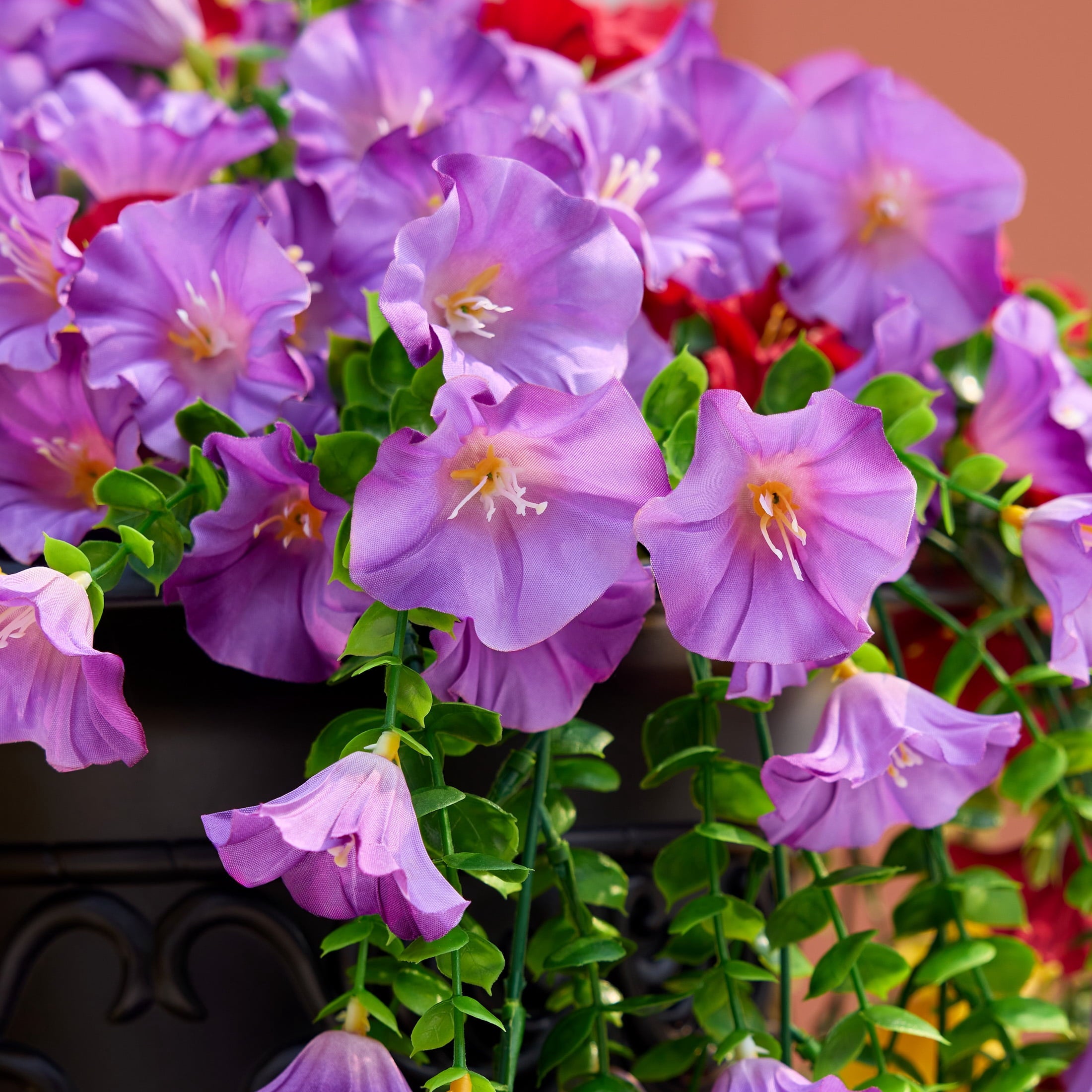 DR.Planzen Artificial Hanging Flowers in Black Urn Planter, 2 Pack 26in Faux Morning Glory Flowers, Fake Hanging Plants, Artificial Flowers, Hanging Flowers with 333 Blooms - Front Porch Patio Decor