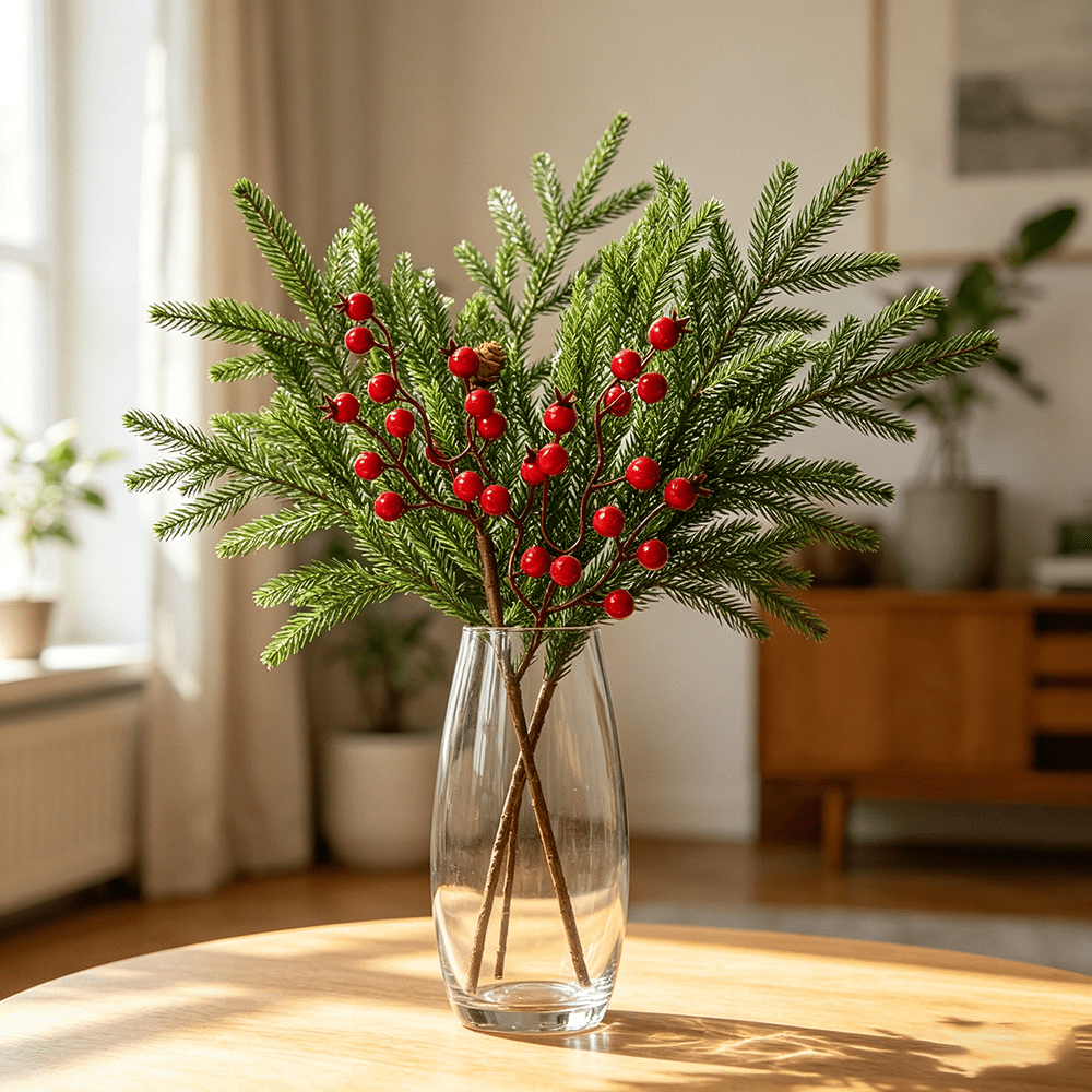 DR.Planzen 12 Pcs 18 inch Artificial Norfolk Pine Branches with Lights - Prelit Christmas Pine Stems with Red Berries, Real Pinecones, 50 Warm White LEDs, Wreath, Garland, Mantel Decor