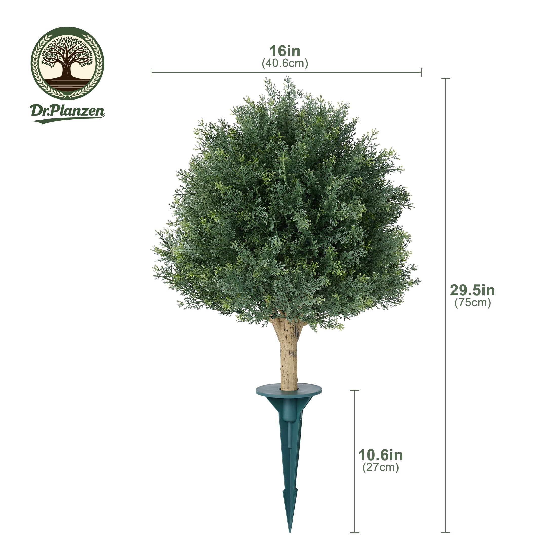 DR.Planzen Artificial 2 Pack 16 in Topiary Ball Trees, UV Resistant Faux Cedar Plants, Faux Cypress Evergreen Shrub Bush with 10.6in Twist-On Stake - For Front Porch Patio Garden Yard Outdoor Decor
