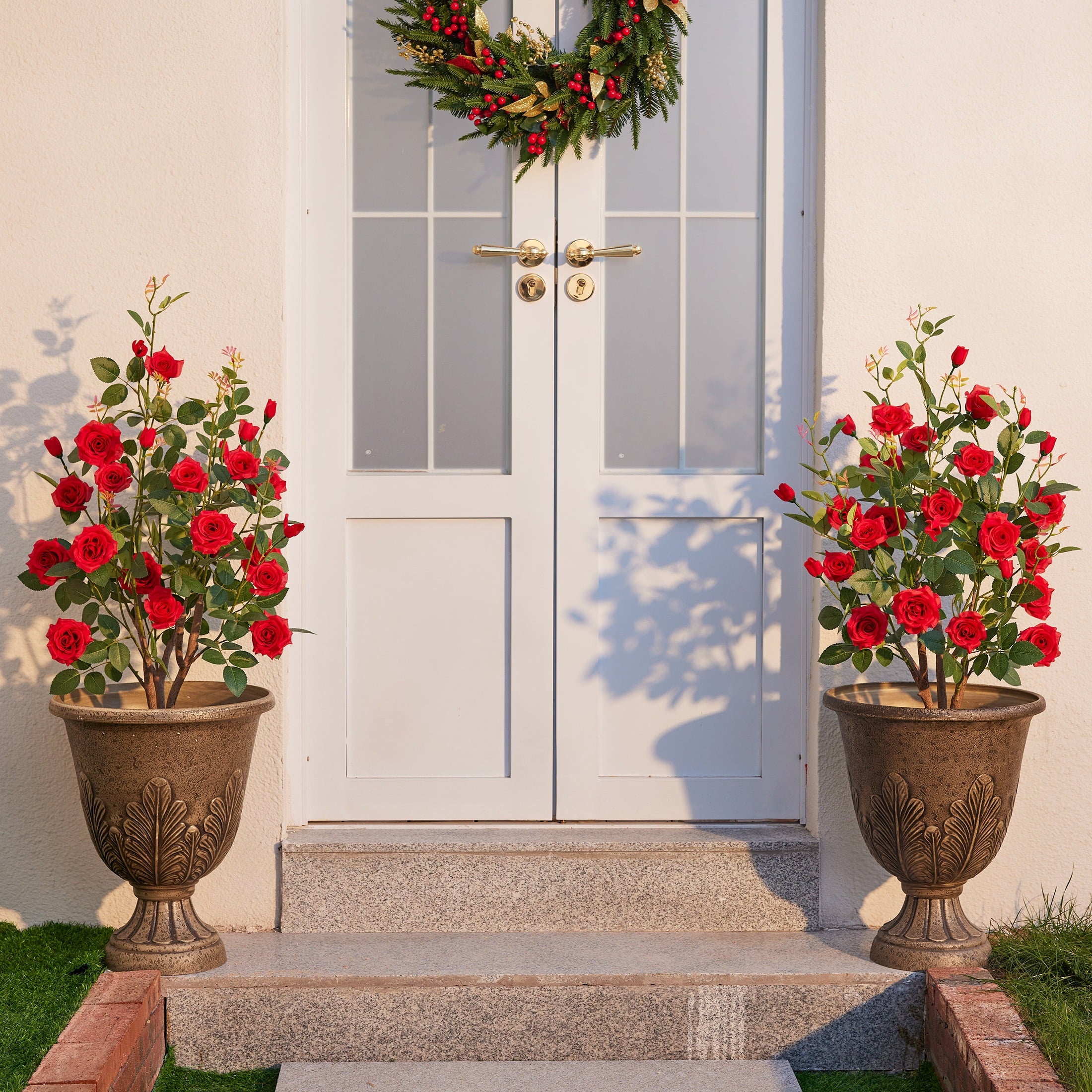 DR.Planzen 3ft Artificial Red Rose Tree with Green Leaves, Lifelike Faux Rose Flower Tree for Home Decor Indoor Outdoor, Living Room Office Decoration