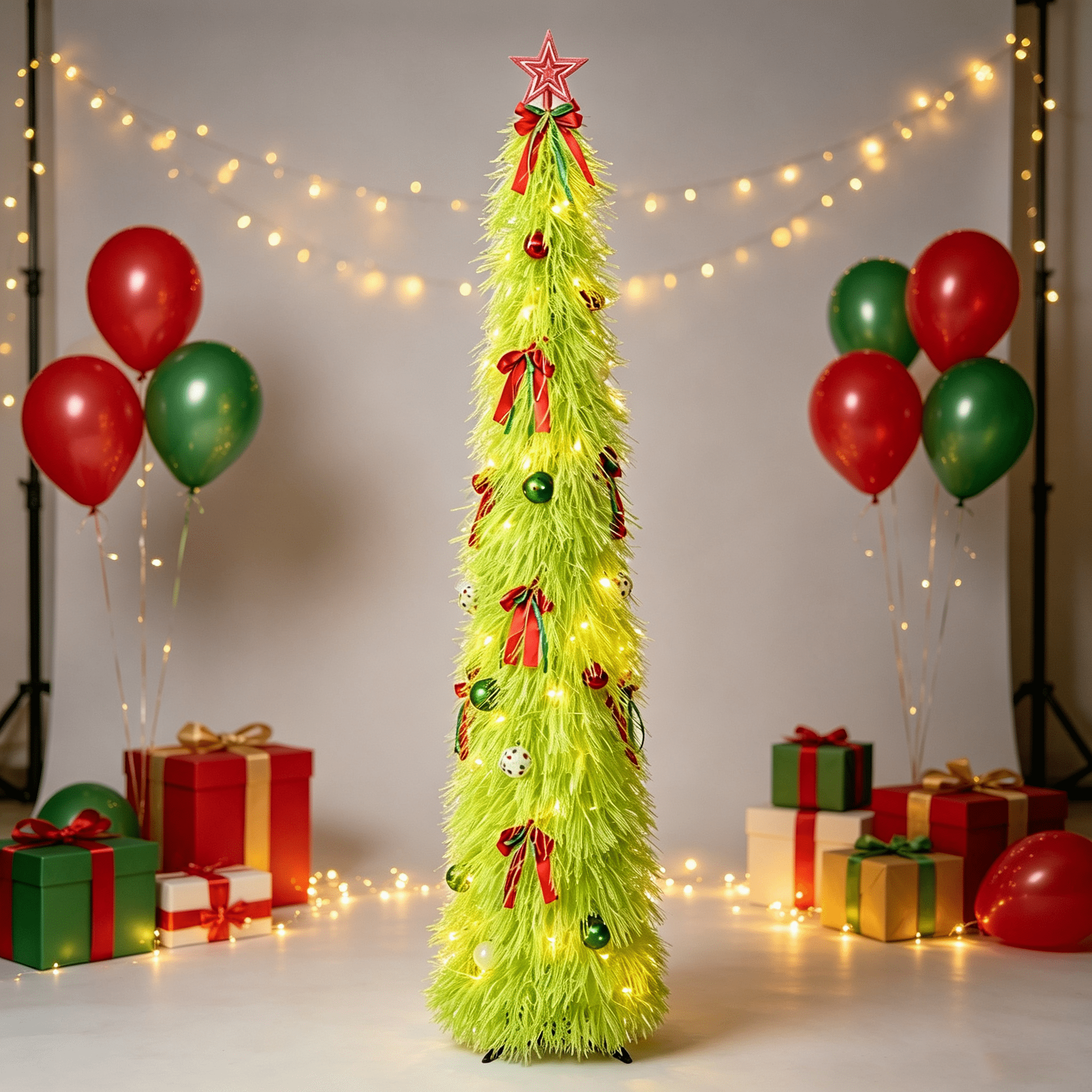 DR.Planzen 6ft Pop Up Christmas Tinsel Tree, Pre Lit Slim Christmas Tree, Green LED Pencil Tree with 100 Warm White Lights, Star Topper & Ornaments Set, Collapsible Holiday Decor