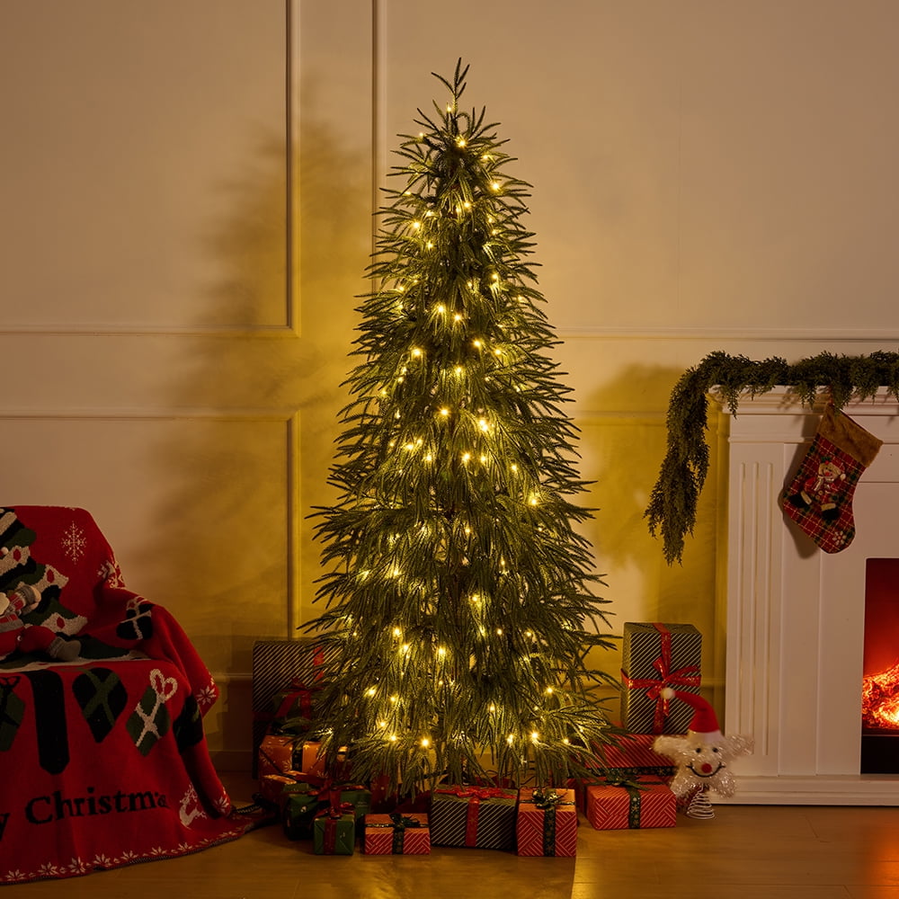 DR.Planzen 6ft Pre-Lit Norfolk Pine Christmas Tree, Artificial Slim Christmas Tree - 150 Warm White LEDs, 3 Light Modes, Adjustable PE Branches - for Apartment, Home & Office