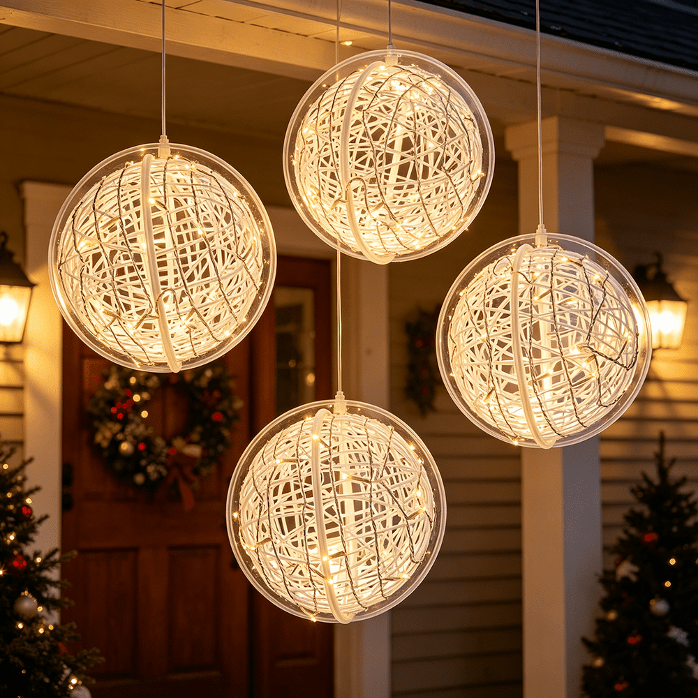 DR.Planzen 4 Pack 8in Christmas Ball Lights Outdoor, Hanging Globe Lights, Sphere Tree Lights, Warm White LED Lights - 160 LEDs, 8 Modes for Yard Porch Patio Home