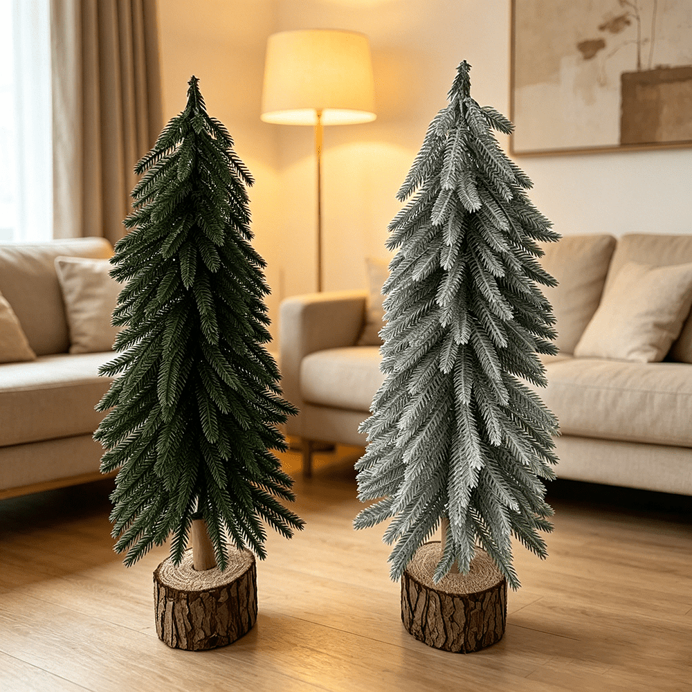 DR.Planzen Mini Pine Tree 2 Pack 19 Inch with Wood Base, Green & Snowy White Tabletop Christmas Tree, Small PE Artificial Christmas Trees for Christmas Decorations Mantel Shelf Office