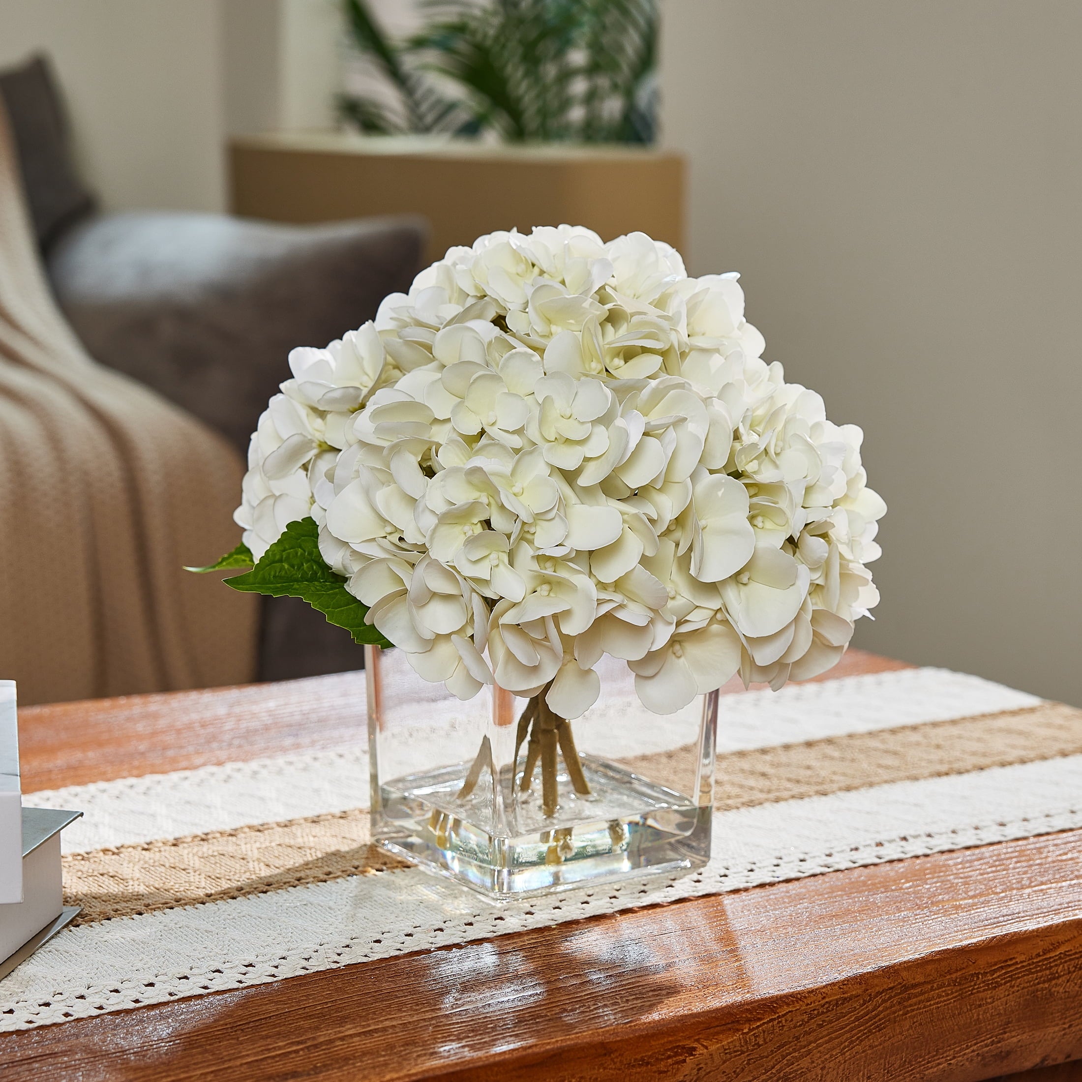 DR.Planzen 12in Artificial Hydrangea Flowers with Glass Vase, Hydrangea Artificial Flowers White Faux Hydrangea Arrangement - 90 Blooms Full Hydrangea Centerpiece for Home Table Wedding Decor Indoor
