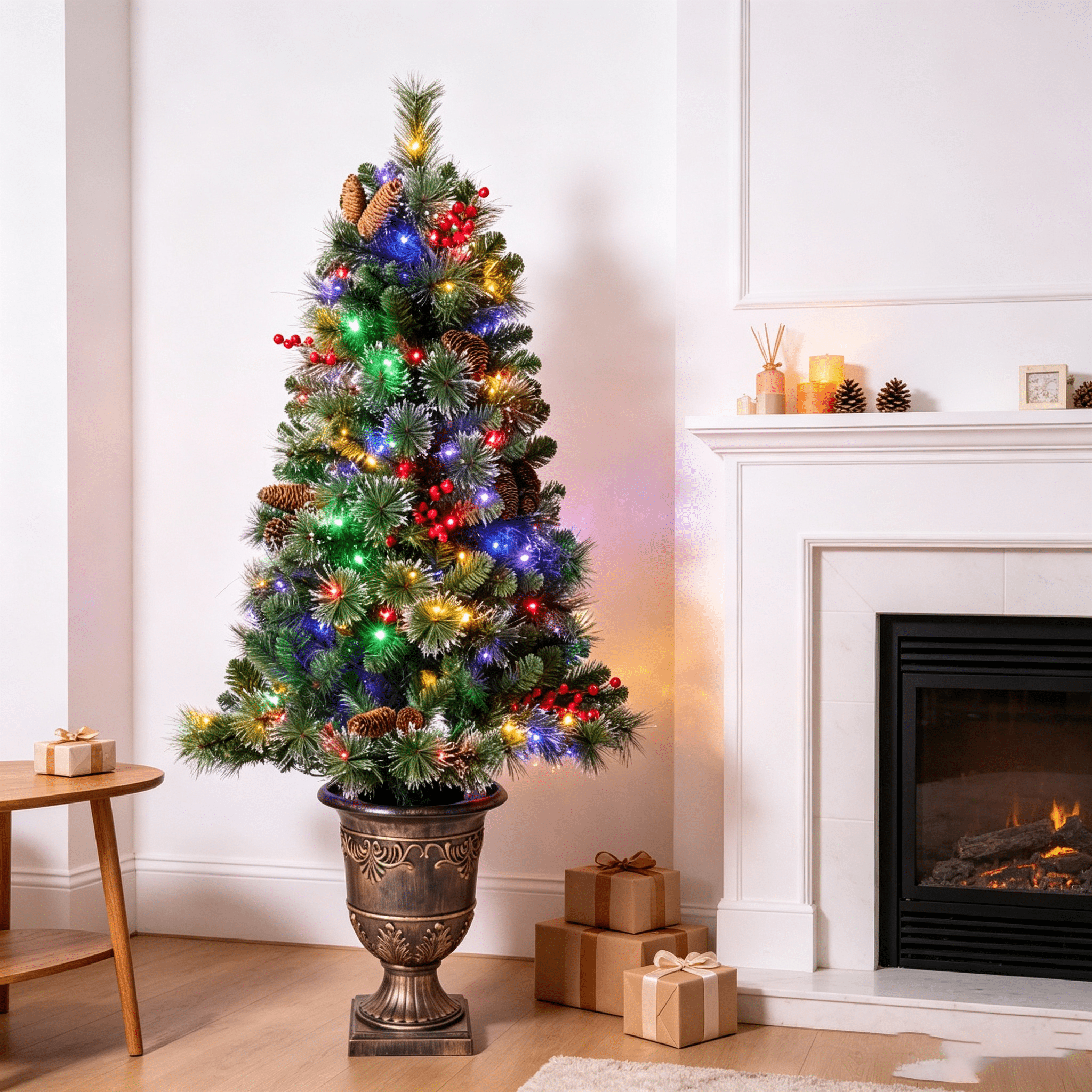 DR.Planzen 5ft Pencil Artificial Christmas Tree with Red Berries, Pine Cones & Flocked Branches, Pre-Decorated Slim Xmas Tree in Decorative Vase, Indoor Floor Holiday Decor, 2 Pack