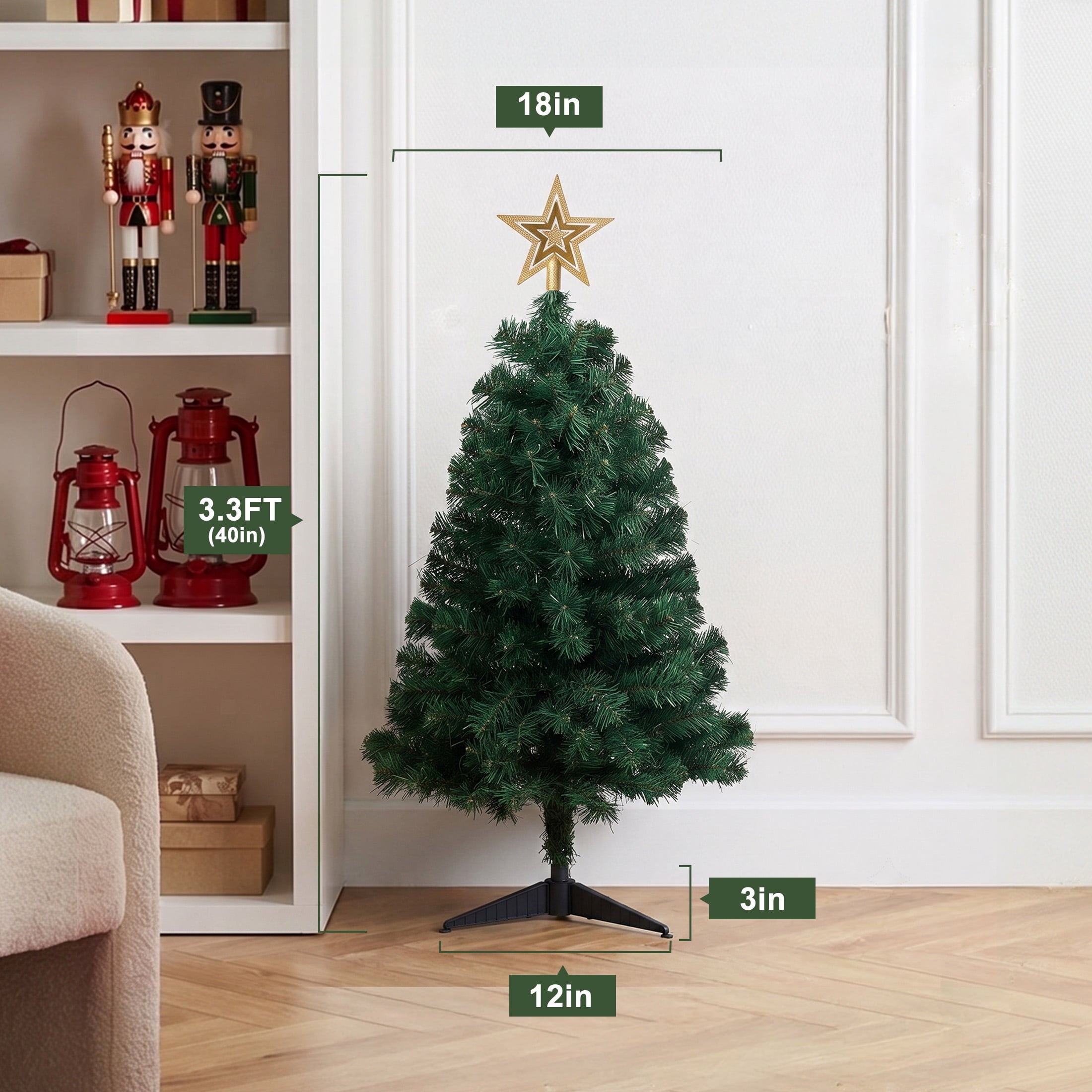 DR.Planzen 3ft Mini Tabletop Christmas Tree - Small Artificial Xmas Tree with 160 Branches and Gold Star Topper, Compact Holiday Decoration for Home Office Apartment Indoor Desk Decor