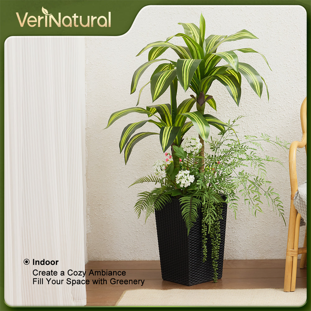 VeriNatural 4FT Mixed Fern and Dracaena Artificial Plants with Black Taper Planter for Indoor & Outdoor (1/2-Pack)(VN151)